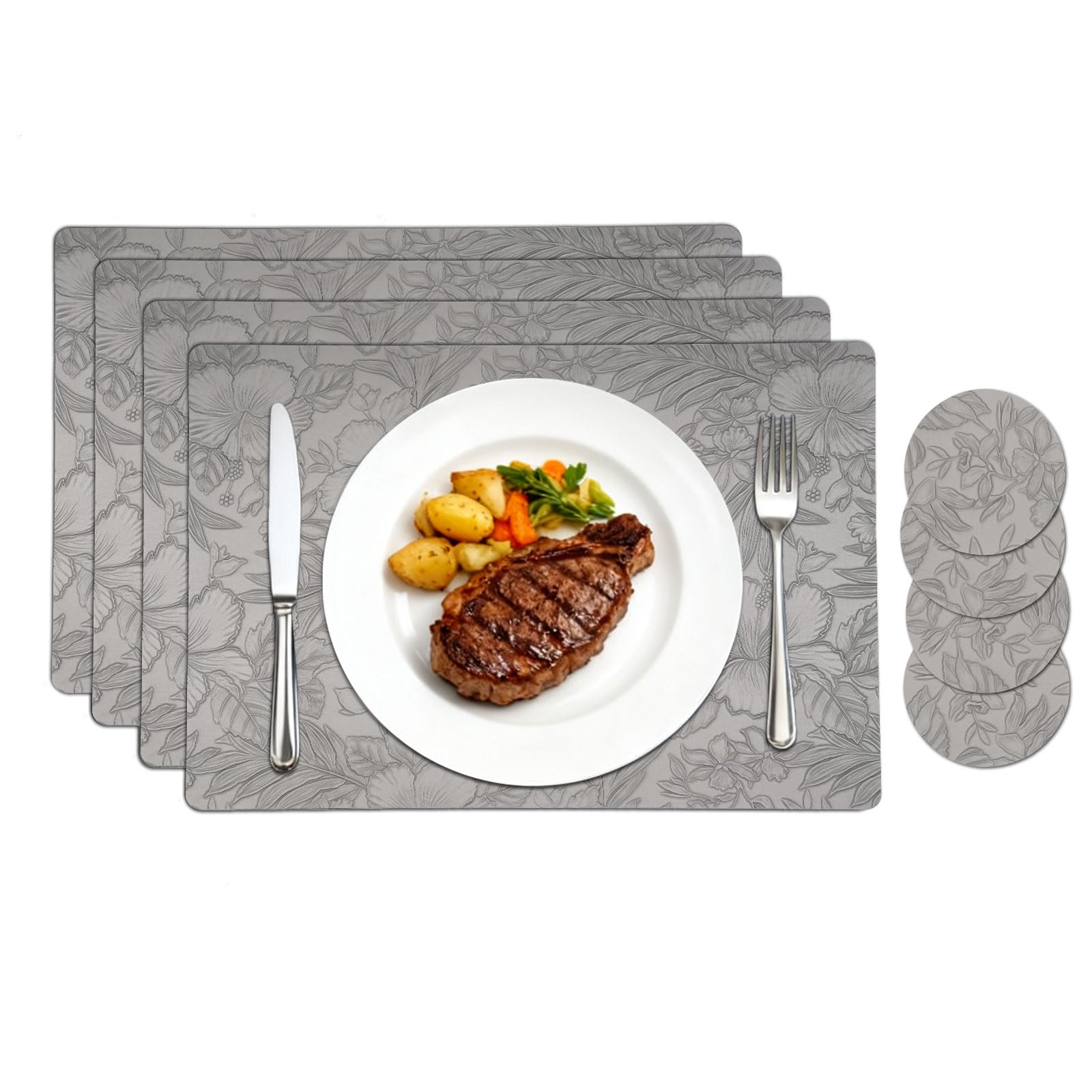 Homcomodar Tischsets Abwaschbar 4er Set Leder Platzsets Abwaschbar mit Untersetzer Blumen Platzset rutschfest Tischset Hitzebeständig für Hause Küche Restaurant(43x30cm Hellgrau)