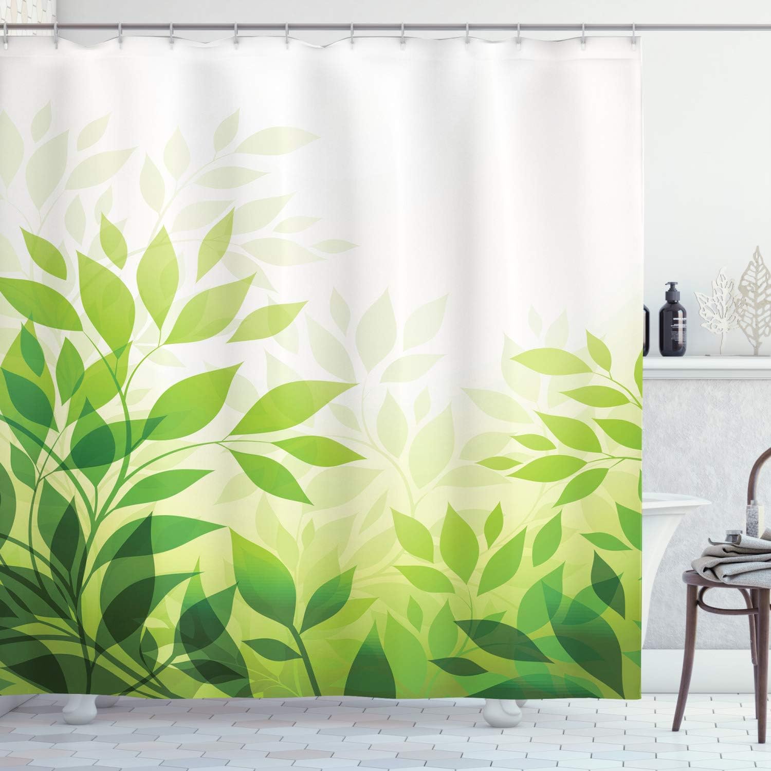 Ambesonne Leaf Shower Curtain, Modern Style of an Abstract Illustration with Greenery Leaves Outdoors Foliage Lover of Nature Background, Cloth Fabric Bathroom Set with Hooks, 69" W x 75" L, Green