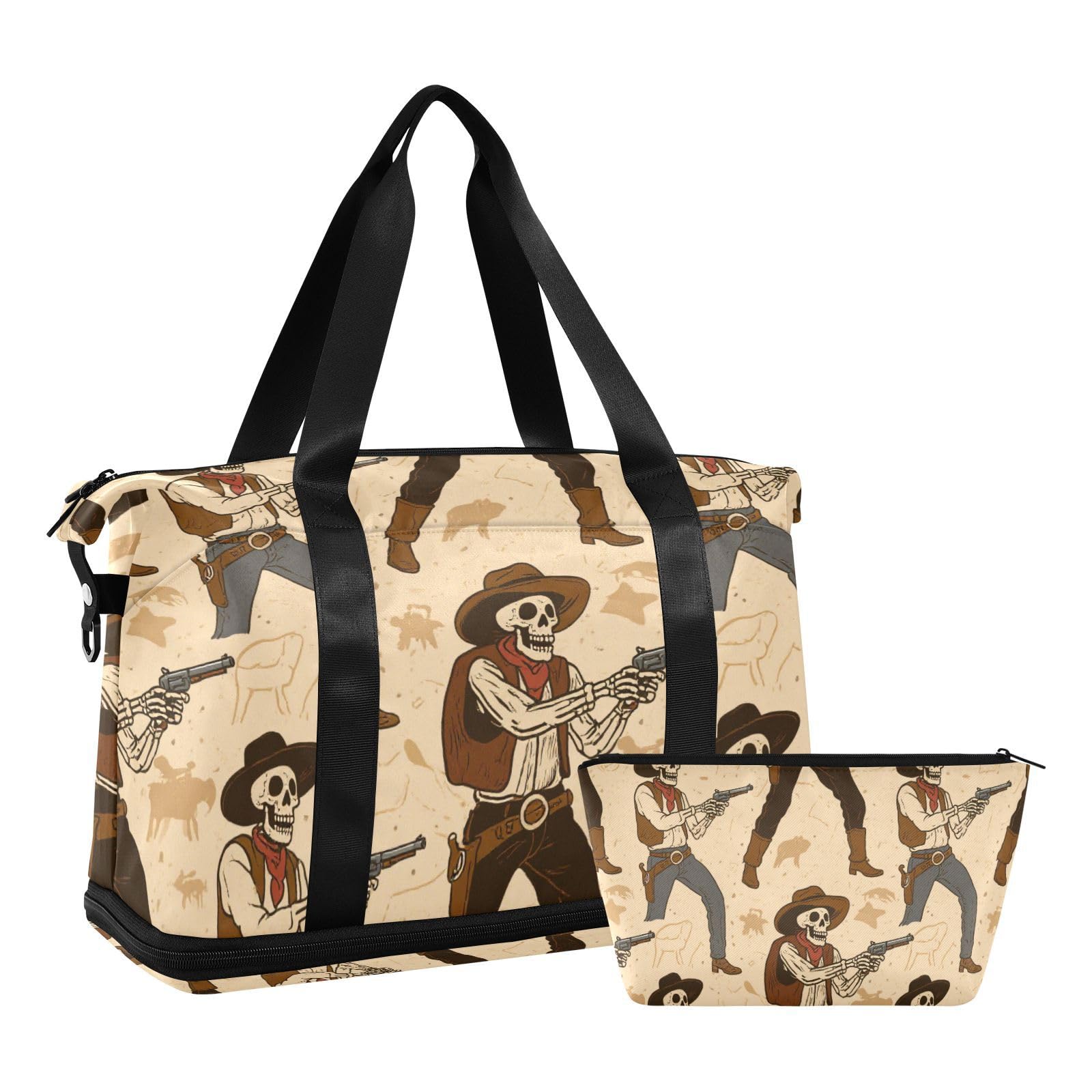 Borsa da viaggio beige retrò con teschio cowboy occidentale con tasca bagnata tracolla regolabile palestra sport borsone per yoga impermeabile per uomini donne