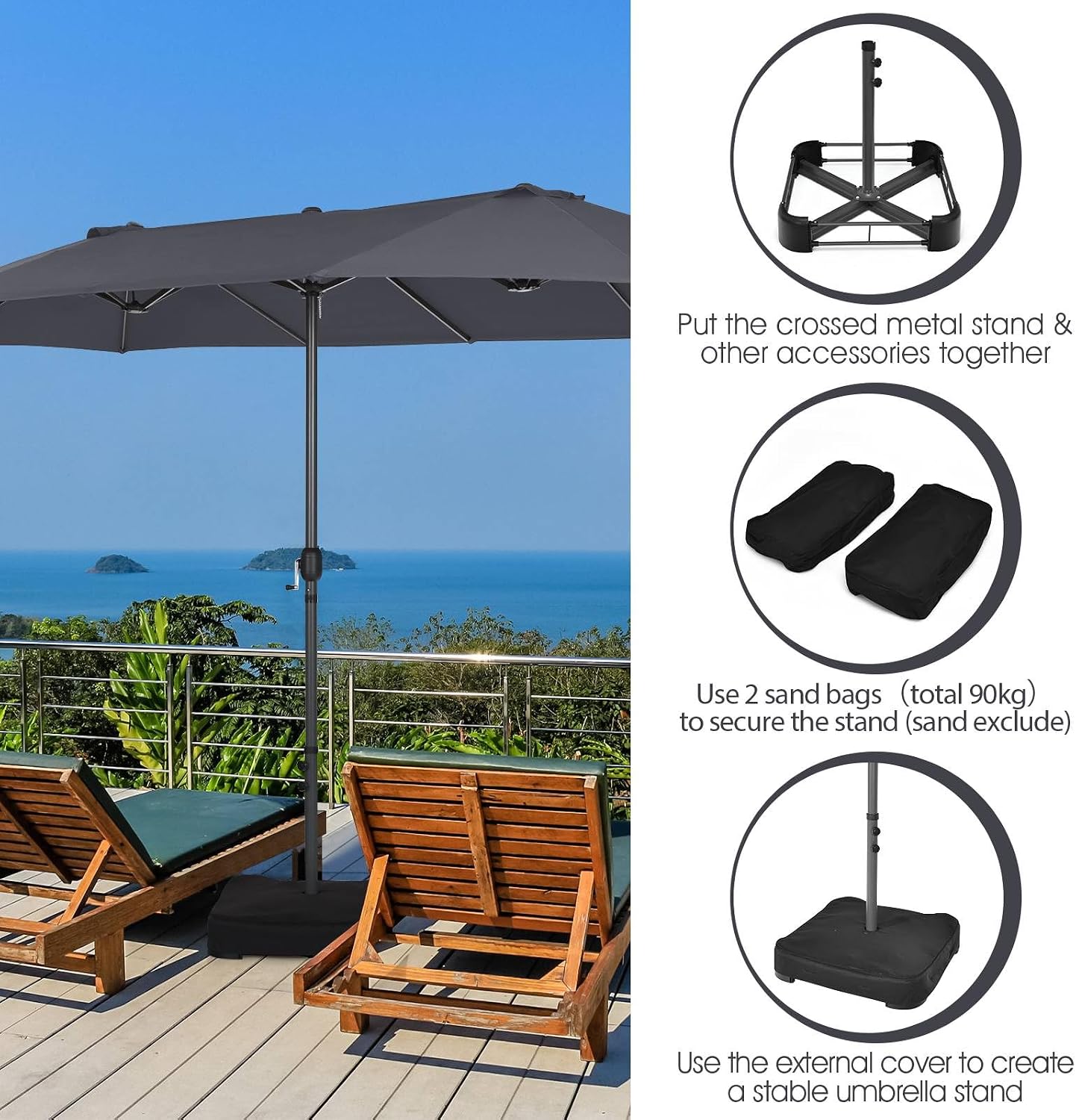 TANGZON 4.6M Double-Sided Patio Umbrella, Outdoor Oversized Garden Parasol with Umbrella Base, 12 Ribs, UV-Protection & Waterproof Sun Shade for Lawn Market Deck Yard Fairground