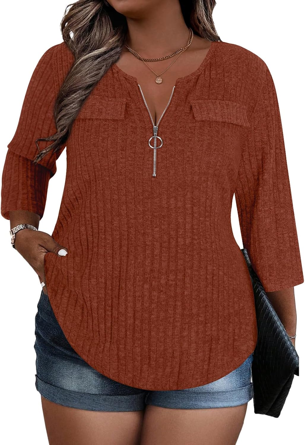 Viracy Women Plus Size Sweaters 3/4 Sleeve Zip V Neck Ribbed Solid Color Casual Blouses Tops XL-5XL - Image 4