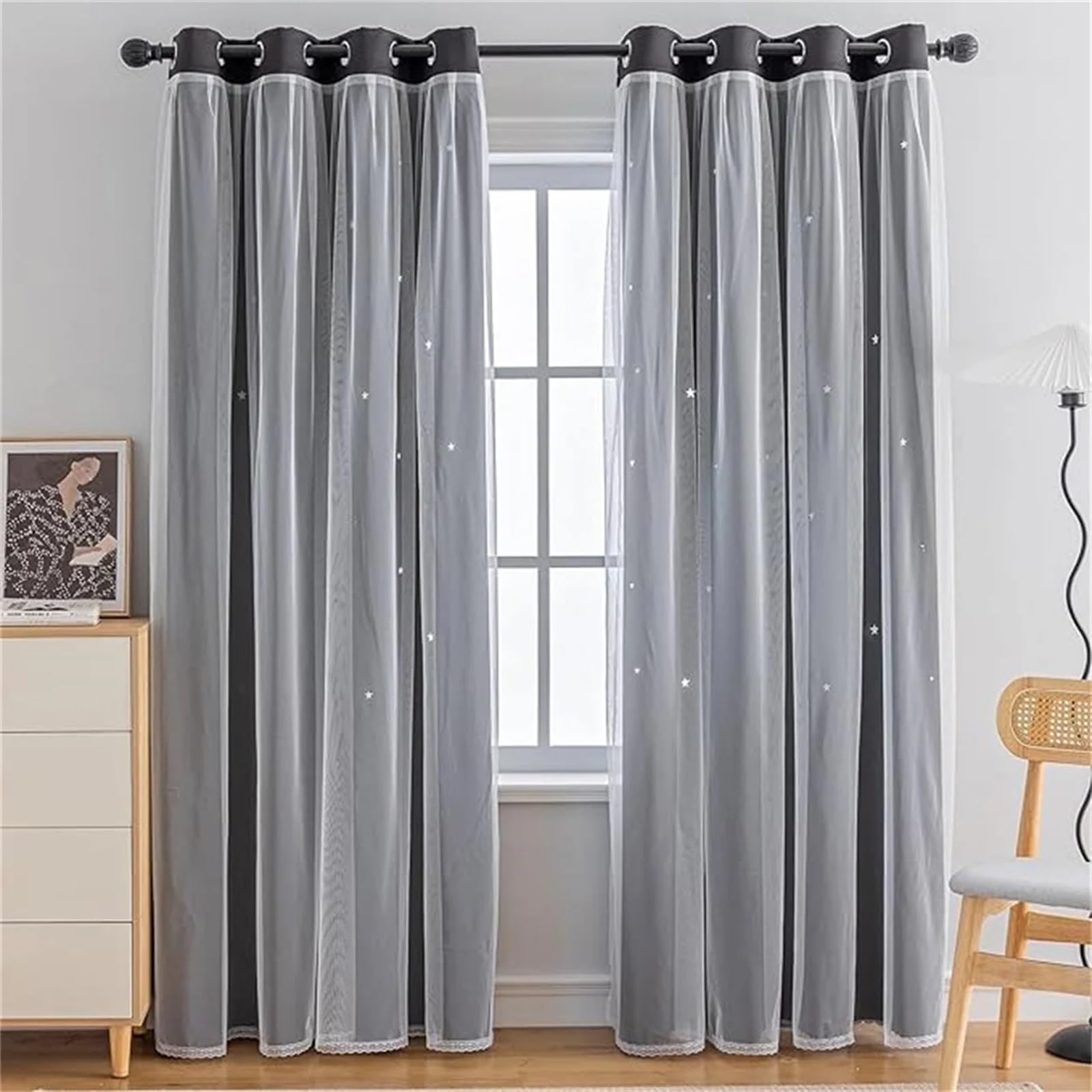 Rideaux occultants double couche en tulle noir 1.32x1.83m