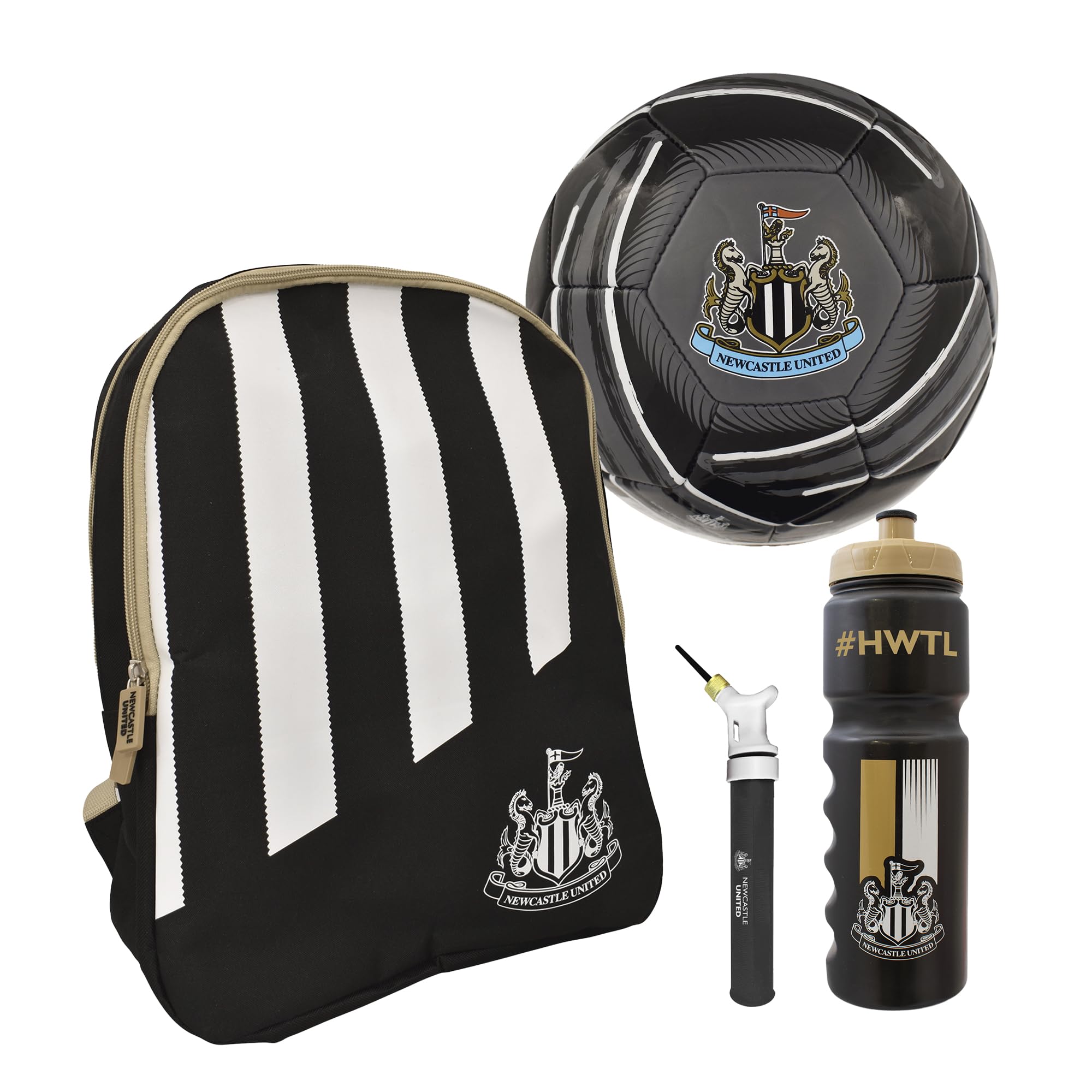 Hy-Pro Newcastle United - Juego de fútbol con licencia oficial - Pelota tamaño 5, mochila con cordón, bomba y botella de 750 ml, regalos completos de fútbol para niños y niñas con marca oficial del