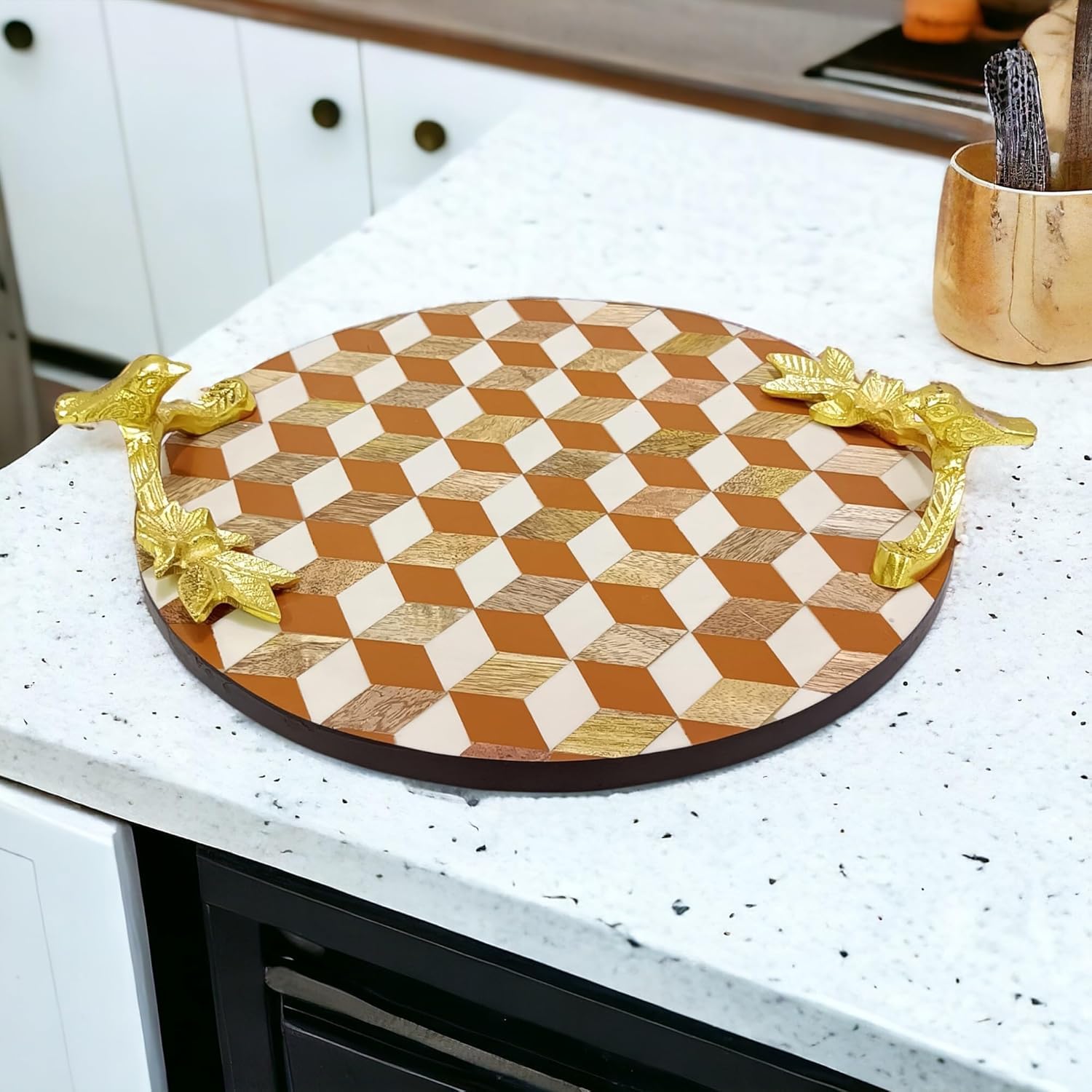 Wooden Circular Round Tray Patch Work Solid Wood with Metal Rose Gold Handle | Serving Tray| Home Decor | Housewarming | (Orange)