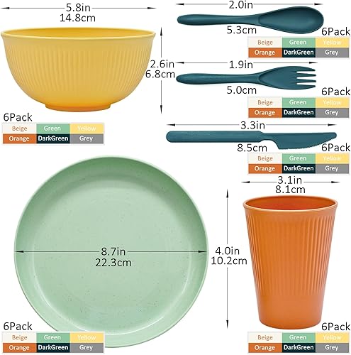 Miniatura 3 de Juego de 36 platos y cuencos de paja de trigo, juego de vajilla de paja de trigo para 6 personas con platos, vasos, cuchillos, tenedores y cucharas,