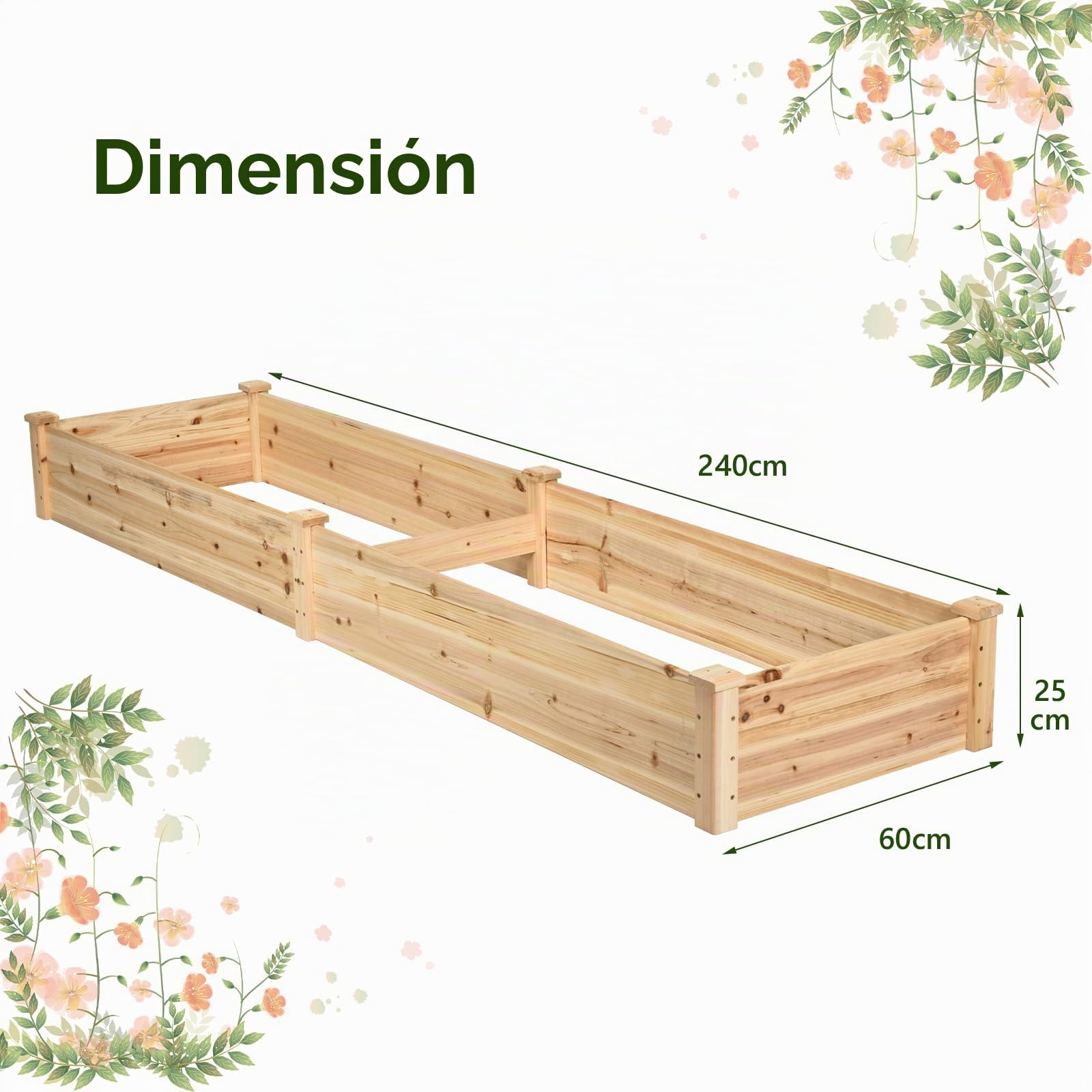 GOPLUS Huerto Urbano de Jardín Elevado de Madera, Jardineras Exterior Grandes de Madera para Verduras, Flores, Hierbas y Frutas, Cama Elevada de Jardín para Patio Trasero, 240 x 60 x 25 cm (Natural)