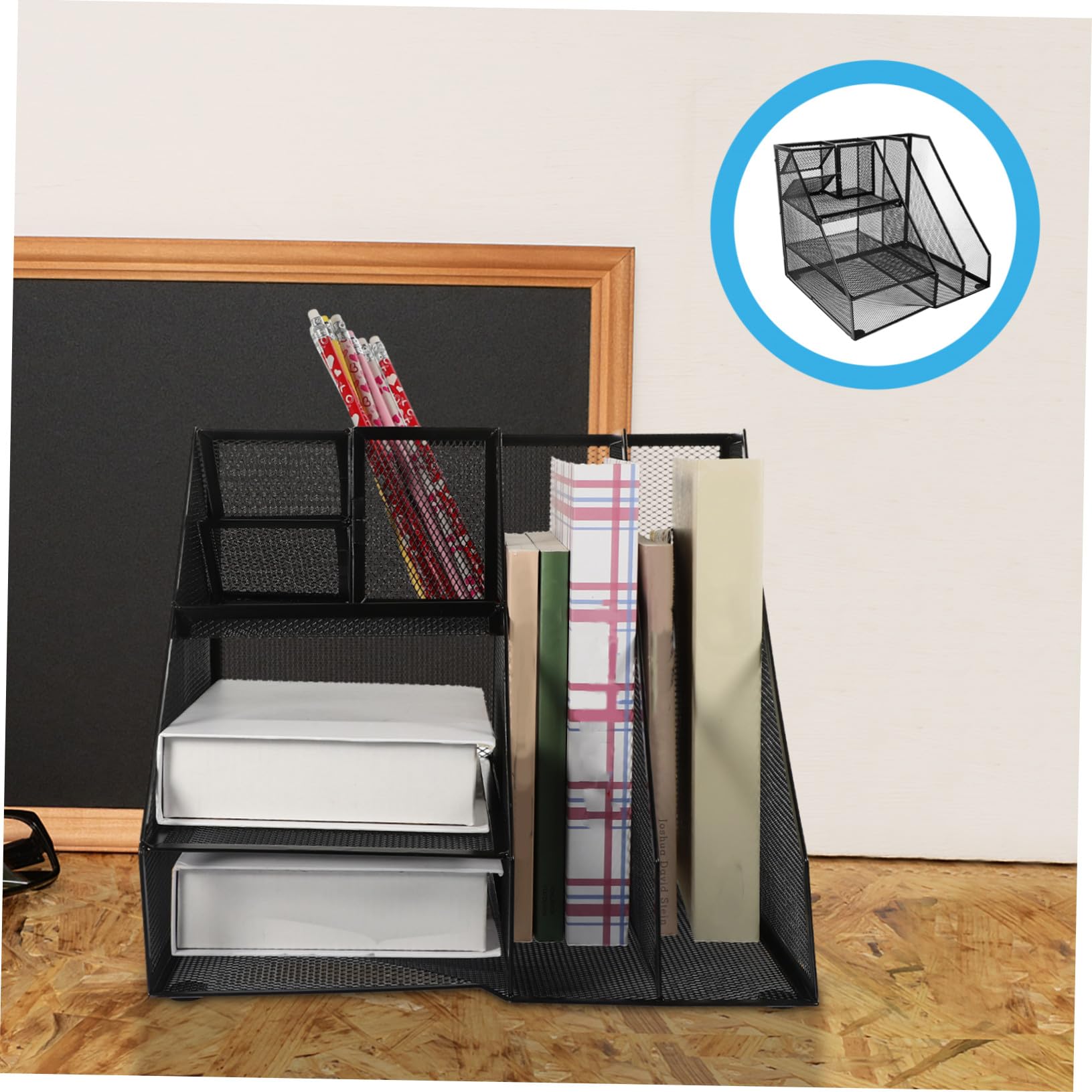 Schwarzer Schreibtisch Aktenhalter aus Eisen mit Großem Stauraum 2 Fächer und 3 Ebenen Linksseitiger Stiftehalter Multifunktionaler Büro Organizer für Office Einsatz
