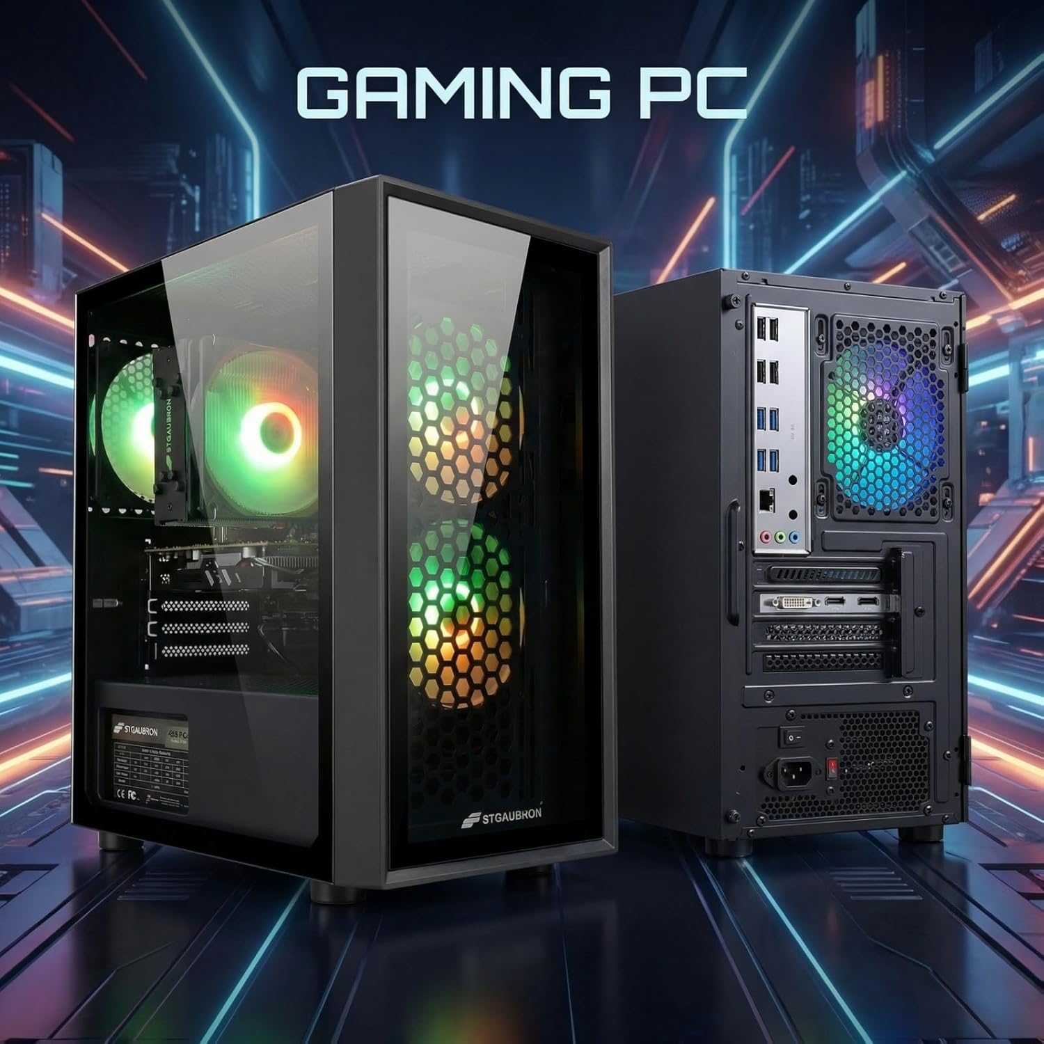 STGAubron Gaming PC Desktop Computer, Intel i7 Xeon E5, Radeon RX 550 4G, 16GB RAM, 512GB SSD, WiFi 6, BT 5.0, RGB Fan x 3, Windows 11 Home