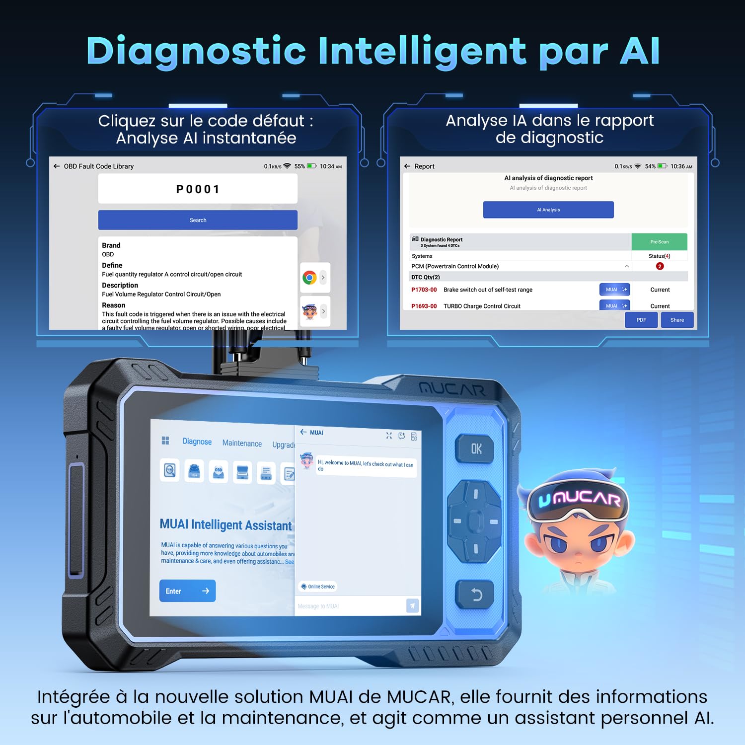 mucar 632 AI Valise Diagnostic Auto,Bidirectionnel OBDII Diagnostic Français, 15 Réinitialisations,Diagnostic de 4 Les systèmes, FCA AutoAuth, CANFD&DOIP, Gratuit à Vie