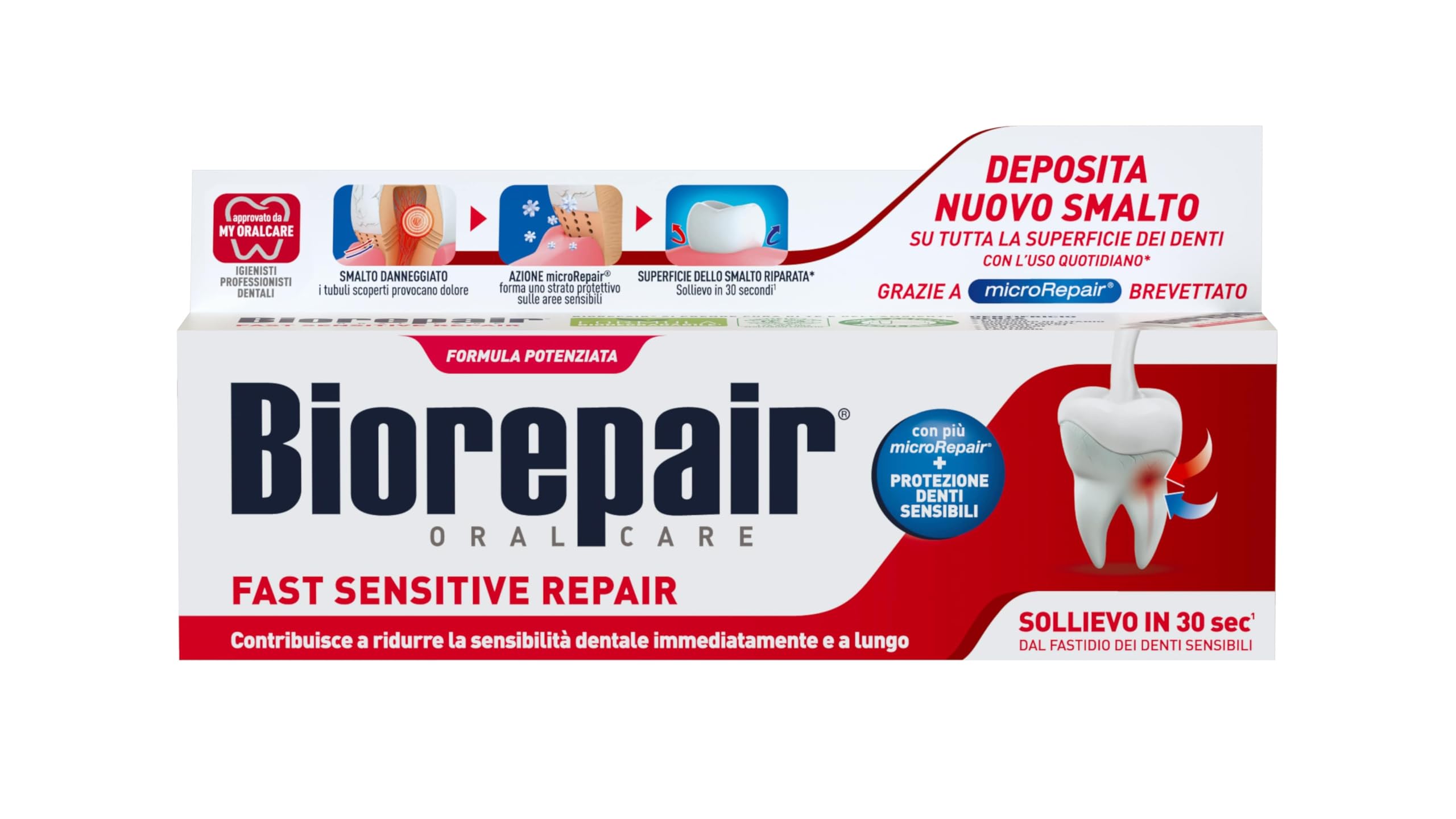 Biorepair, Pasta de dientes Fast Sensitive Repair, 12 paquetes de 75 ml, reduce la sensibilidad de los dientes y alivia el dolor de dientes sensibles en 30 segundos, protege y repara el esmalte de