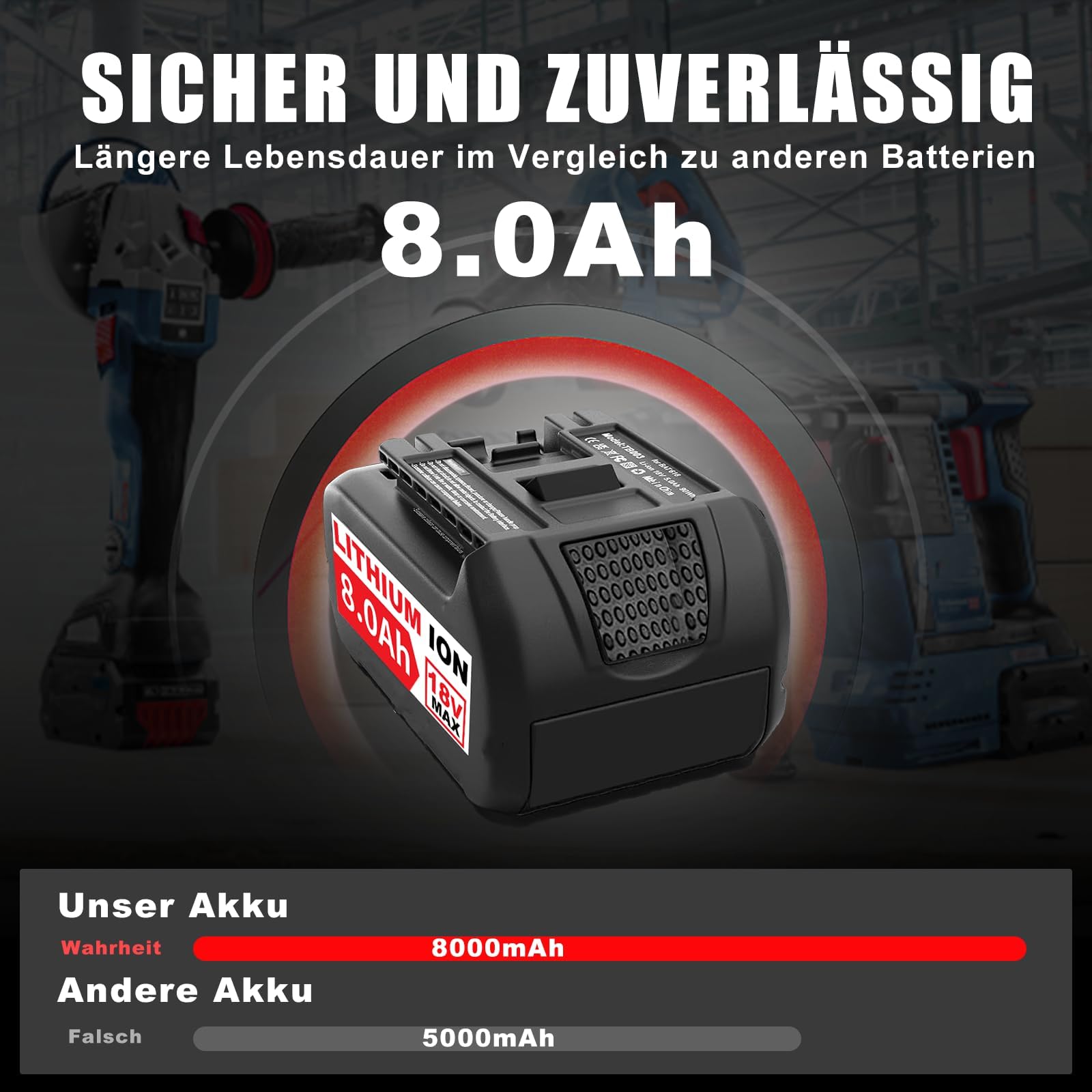 4 Stück 8.0Ah/8000mAh Ersatzakku für Bosch Akku 18V Li-Ionen-Akkus für Bosch 18V Akku BAT609 BAT622 BAT609G BAT618G BAT619 BAT618（Nicht kompatibel mit Home & Garden Geräten sowie PBA-Ladegeräten）