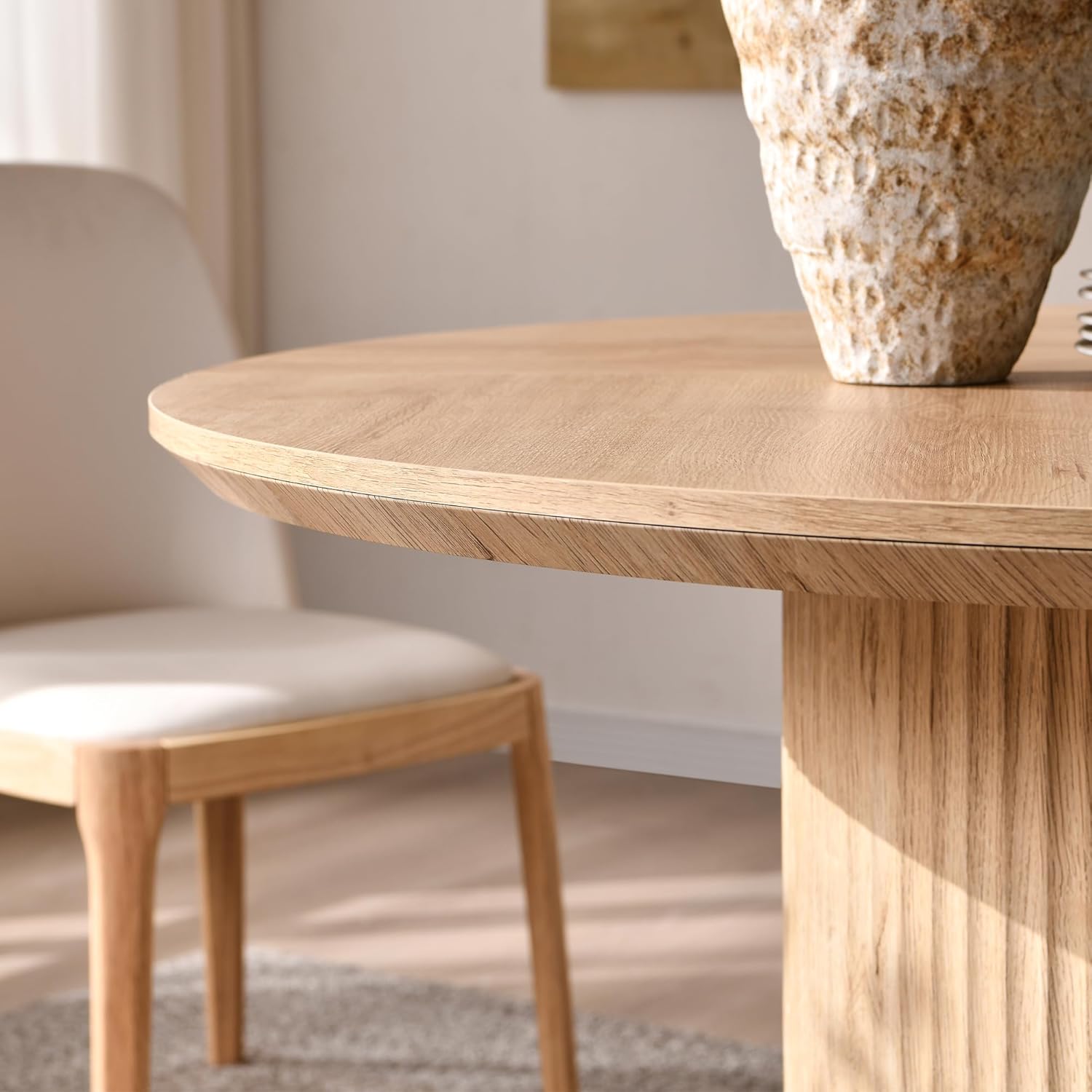 OKD Fluted Round Dining Table for 4, 47" Modern Kitchen Table with Thickened Edge & Cylindrical Base for Kitchen Living Room,Natural Oak(Table Only)