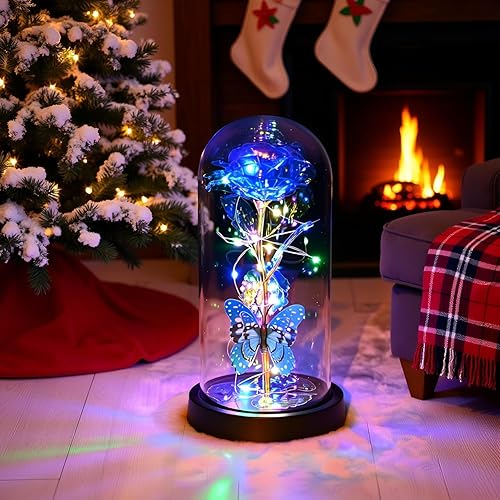 Miniatura 6 de LADADA Rosa de galaxia para regalo de flores artificiales coloridas con cadena de luz LED que dura para siempre, rosa en una cúpula de cristal,