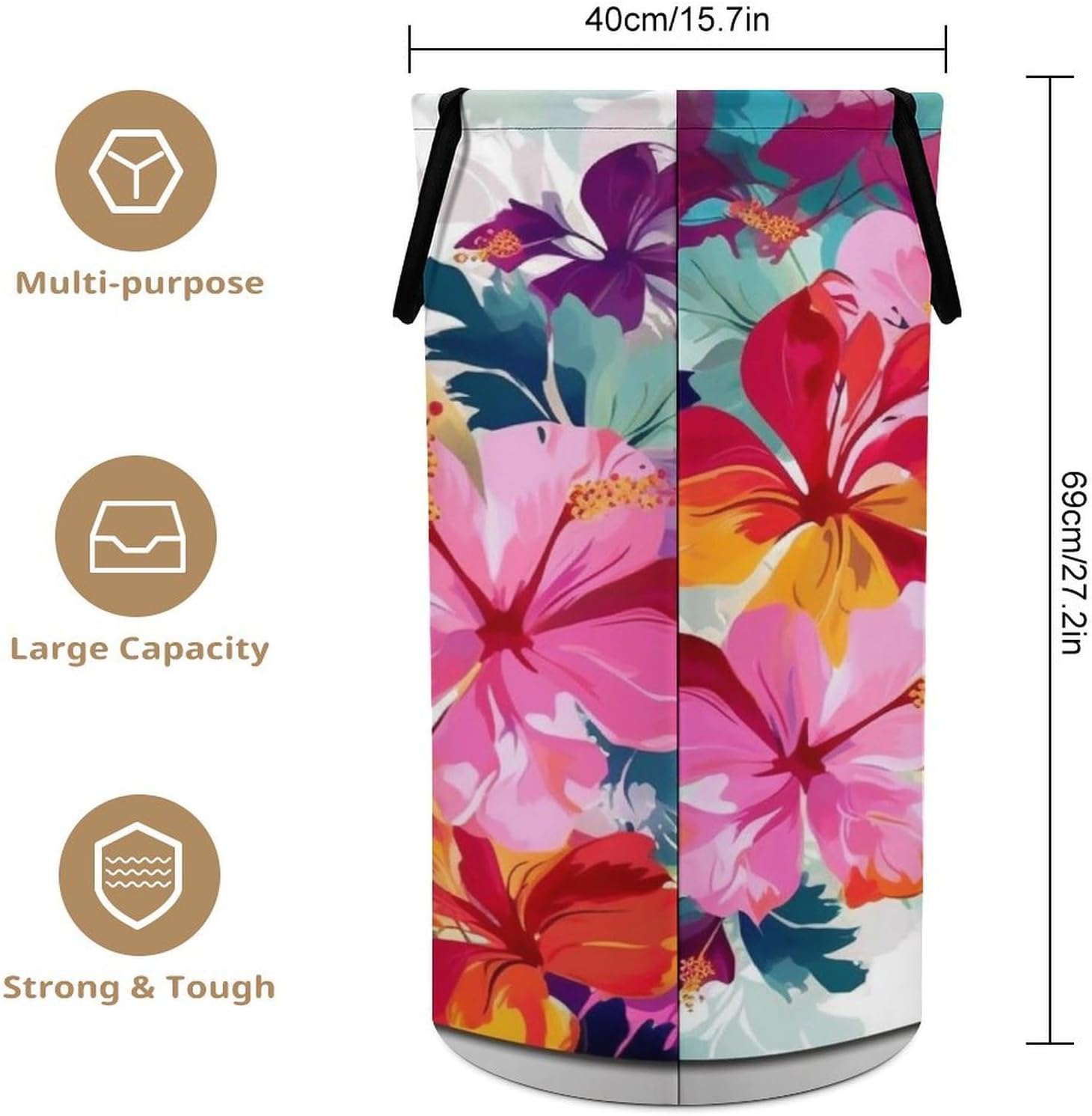 Hawaiian Flower Print Laundry Basket Freestanding Laundry Hamper with Handles Waterproof Dirty Clothes Hamper Collapsible Washing Bin Aesthetic Clothes Basket for Bathroom Bedroom Dorm