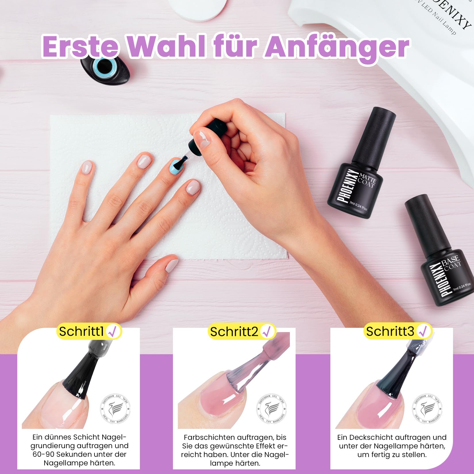 Phoenixy UV Nagellack Set, 54 Farben Gellack mit Base, Top, Matt & Glitzer Coat, Rosa Blau Lila Gel Nagellack UV, Nageldesign für Zuhause, Geschenk für Frauen