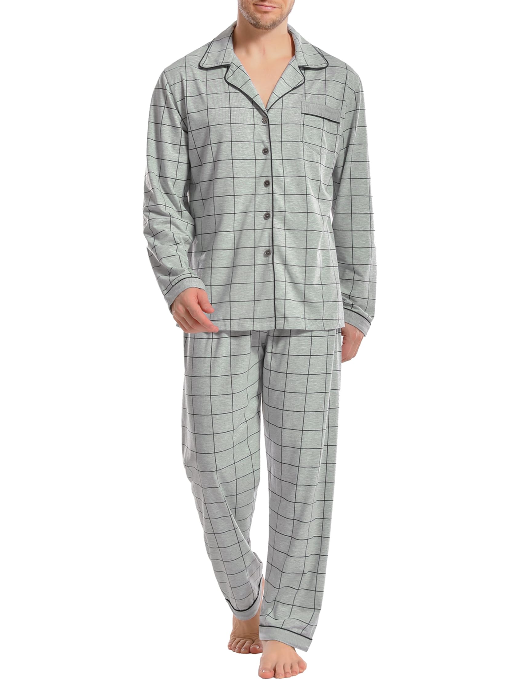 iClosam Pyjama Homme Hiver Coton 2 Pièces Pyjama Long Chaud à Carreaux Ensemble de Pyjamas avec Bouton à Manches Longues Vêtements de Nuit à Rayé S-XXL
