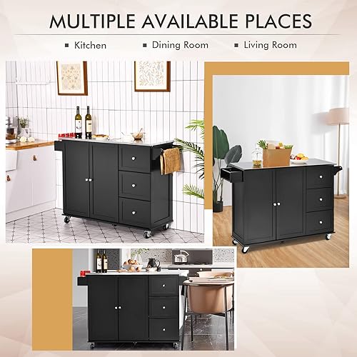 Miniatura 5 de GOFLAME Carrito de isla de cocina con parte superior de acero inoxidable, isla de cocina móvil rodante con almacenamiento y toallero, carrito de