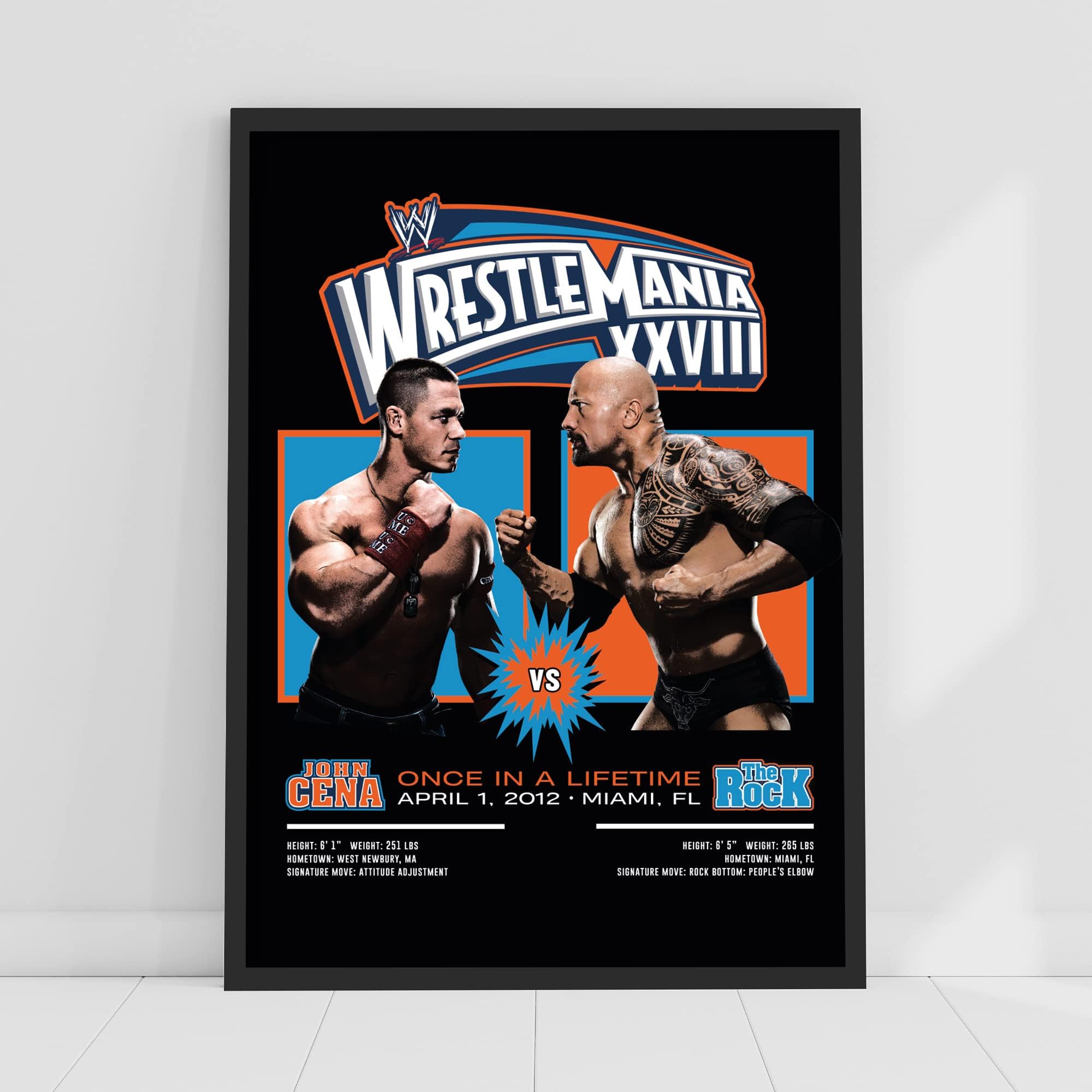 Themed Black Wwe Print - John Cena The Rock Wrestlemania Graphic Poster Wrestling Wall Art (A3-29.7Cm X 42Cm)
