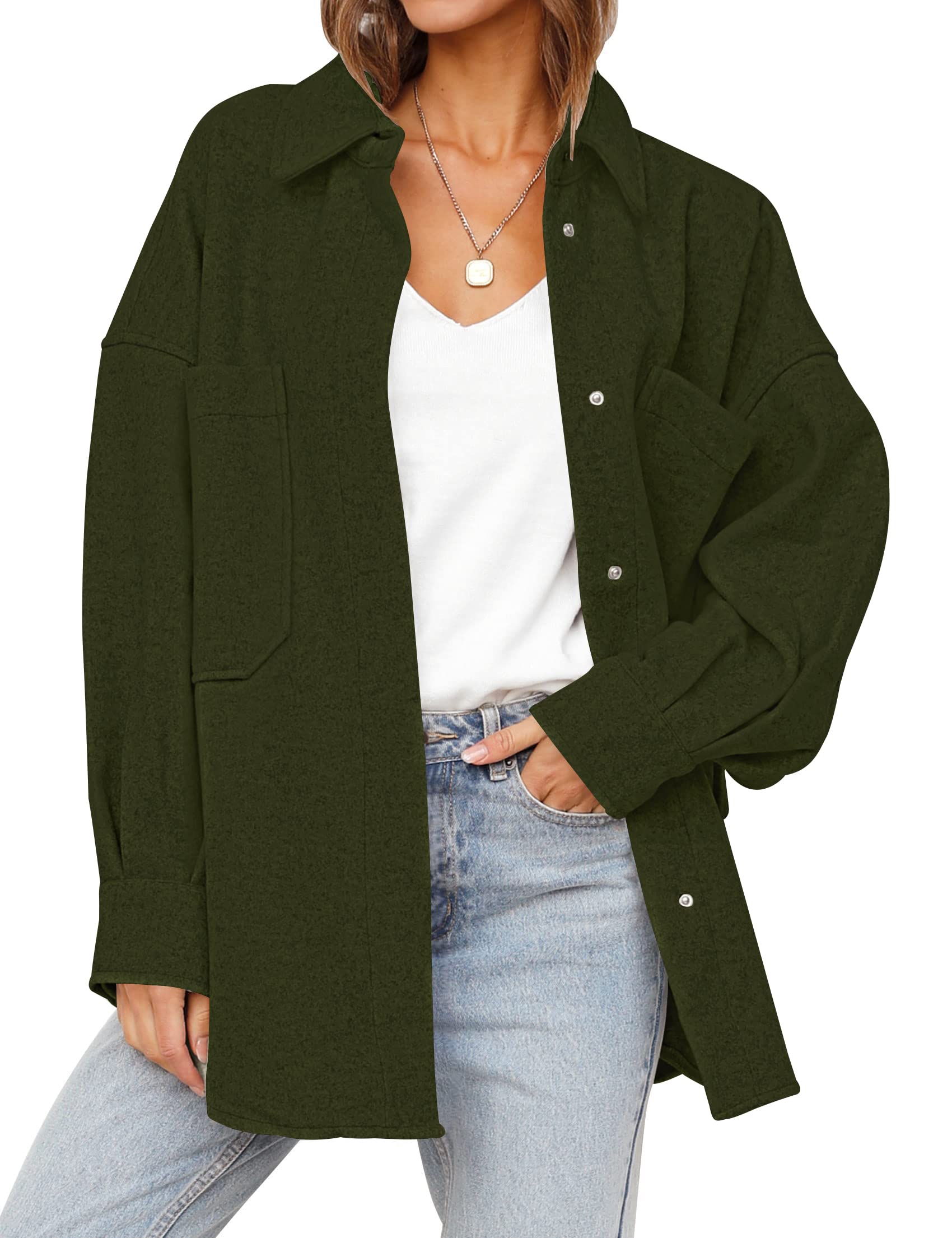 MEROKEETY Women's 2024 Fall Oversized Long Sleeve Shacket Jacket Button Down Wool Blend Coats with Pockets