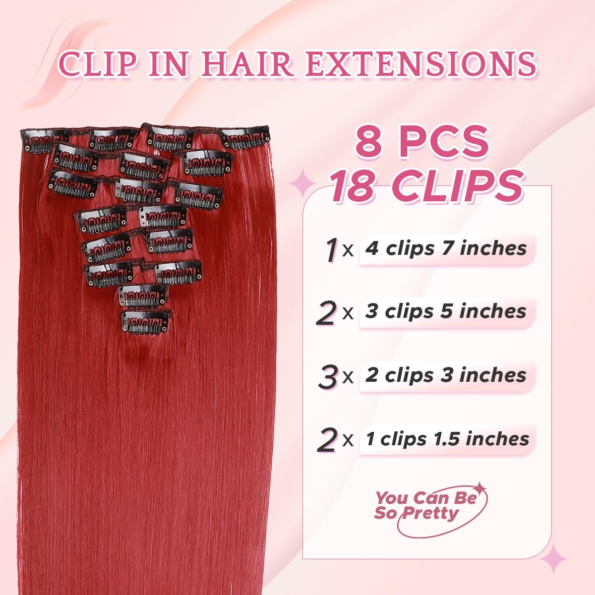 SEGO Pro Clip in Hair Extensions 8 Pcs 18 Clips Full Head Synthetic Fiber Hair Pieces for Women Straight 23 Inch (Dark Red) - Image 2