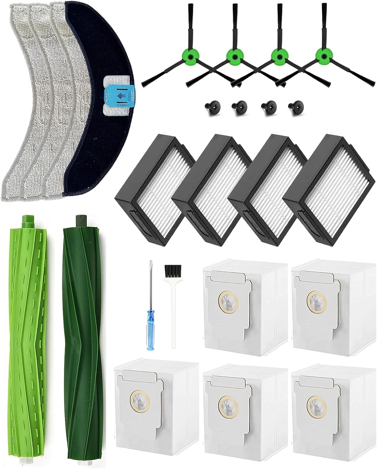 Replacement Kit for iRobot Roomba Combo 10 Max/j7/j7+/j9/j9+ Vacuum Cleaner: 2 Main Brushes, 4 Side Brushes, 4 HEPA Filters, 6 Vacuum Cleaner Bags, 4 Mops, 1 Cleaning Brush