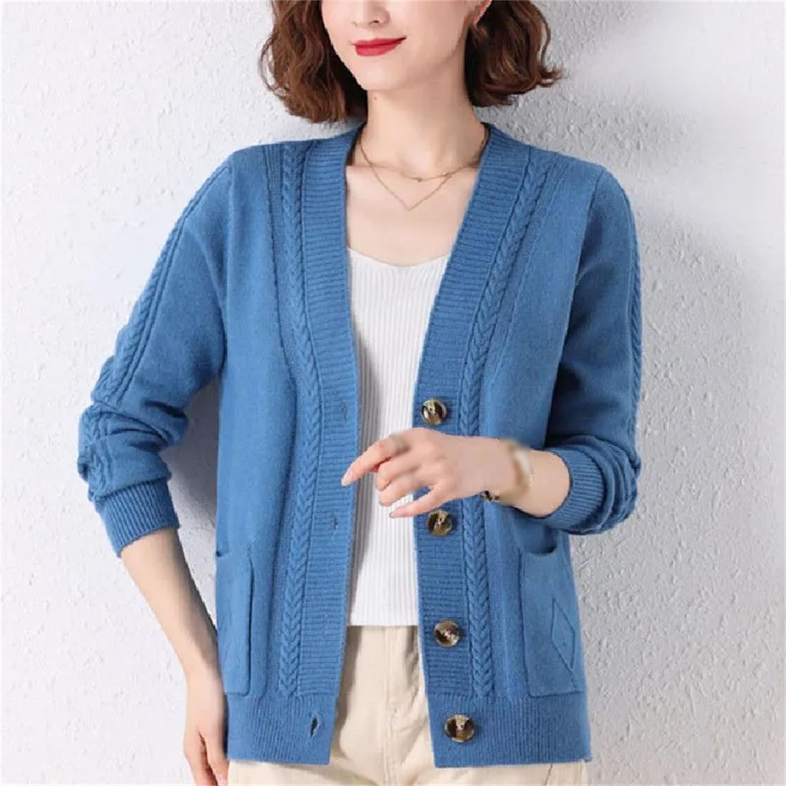 Chaqueta Cárdigan Retro para Mujer, Suéter Holgado De Manga Larga con Cuello En V Y Botones De Punto De Color Sólido Versátil, Otoño E Invierno