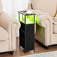 Vista 2 de Narrow End Tables Living Room Set of 2 with Charging Station, Skinny Side Table with Fabric Drawers, Slim LED Nightstand for Bedroom, Small Spaces