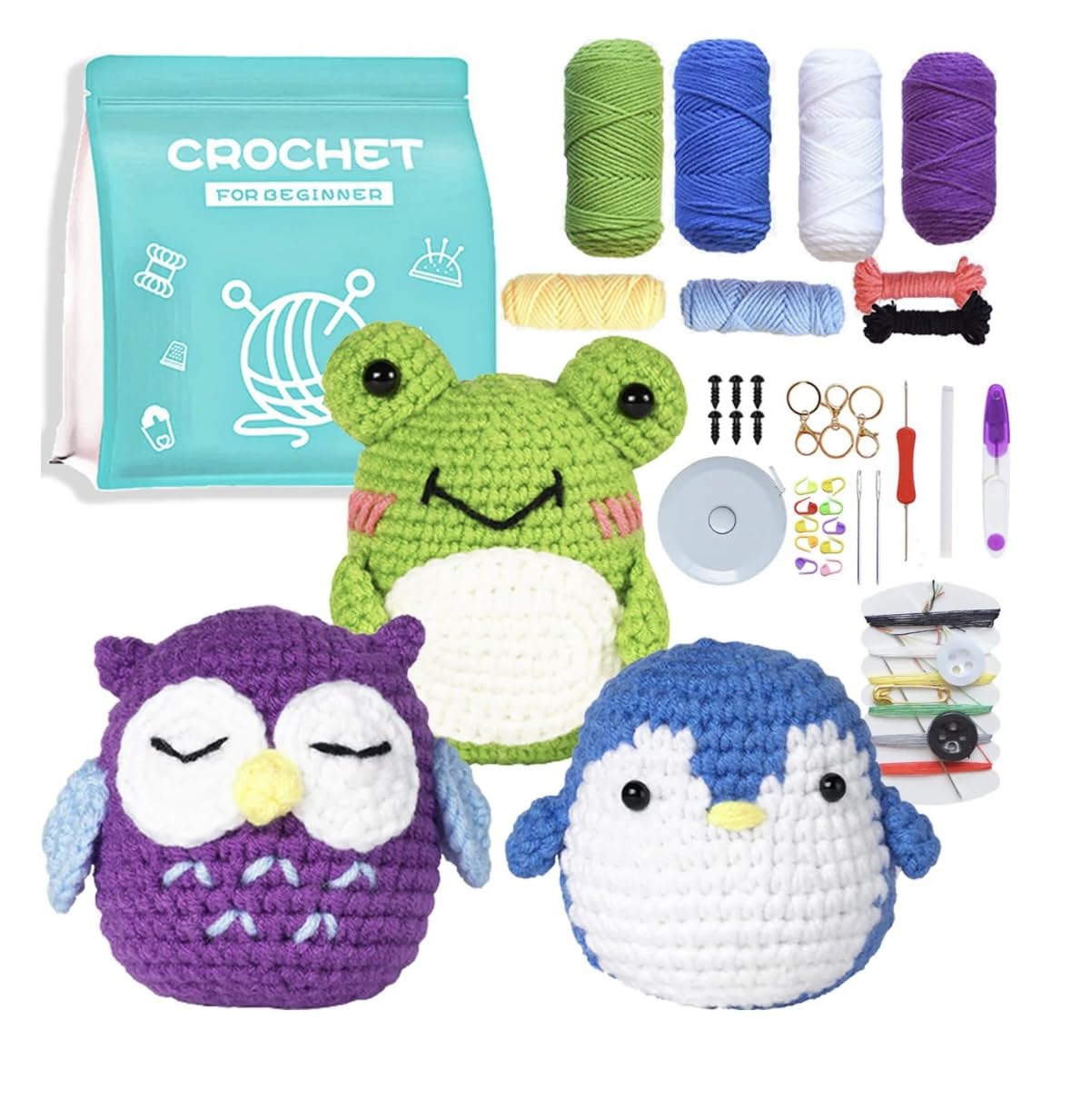 Crochet Kit for Beginners 9 Yarn Colours, Crochet Hooks, Accessories, Knitting kit, Gift Ideas, Green, Miniature