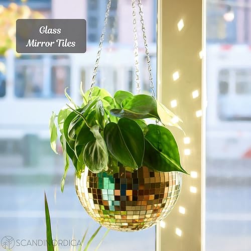 Miniatura 3 de SCANDINORDICA Maceta de bola de discoteca de 8 pulgadas, color dorado con cadena y colgador de macramé y maceta de bola de discoteca de 4.3 pulgadas