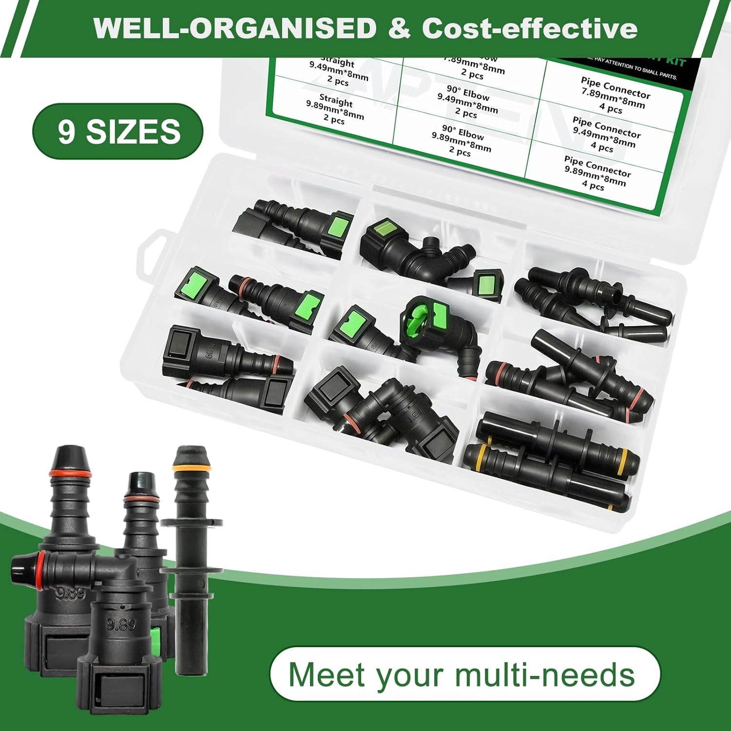 Fuel Line Repair Kit, 24pcs Fuel Line Quick Connector Assortment Kit 9 Size Hose Release Connect Straight Elbow Pipe Connector Fittings SAE 7.89mm to 9.89mm