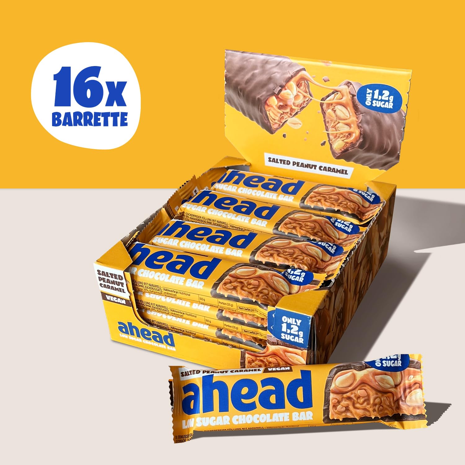 AHEAD Barrette Keto Vegane – 16 x 35g – Salted Peanut Vegan – Barrette senza zucchero – solo 5g di carboidrati netti per keto bar – Barretta con cioccolato senza zucchero