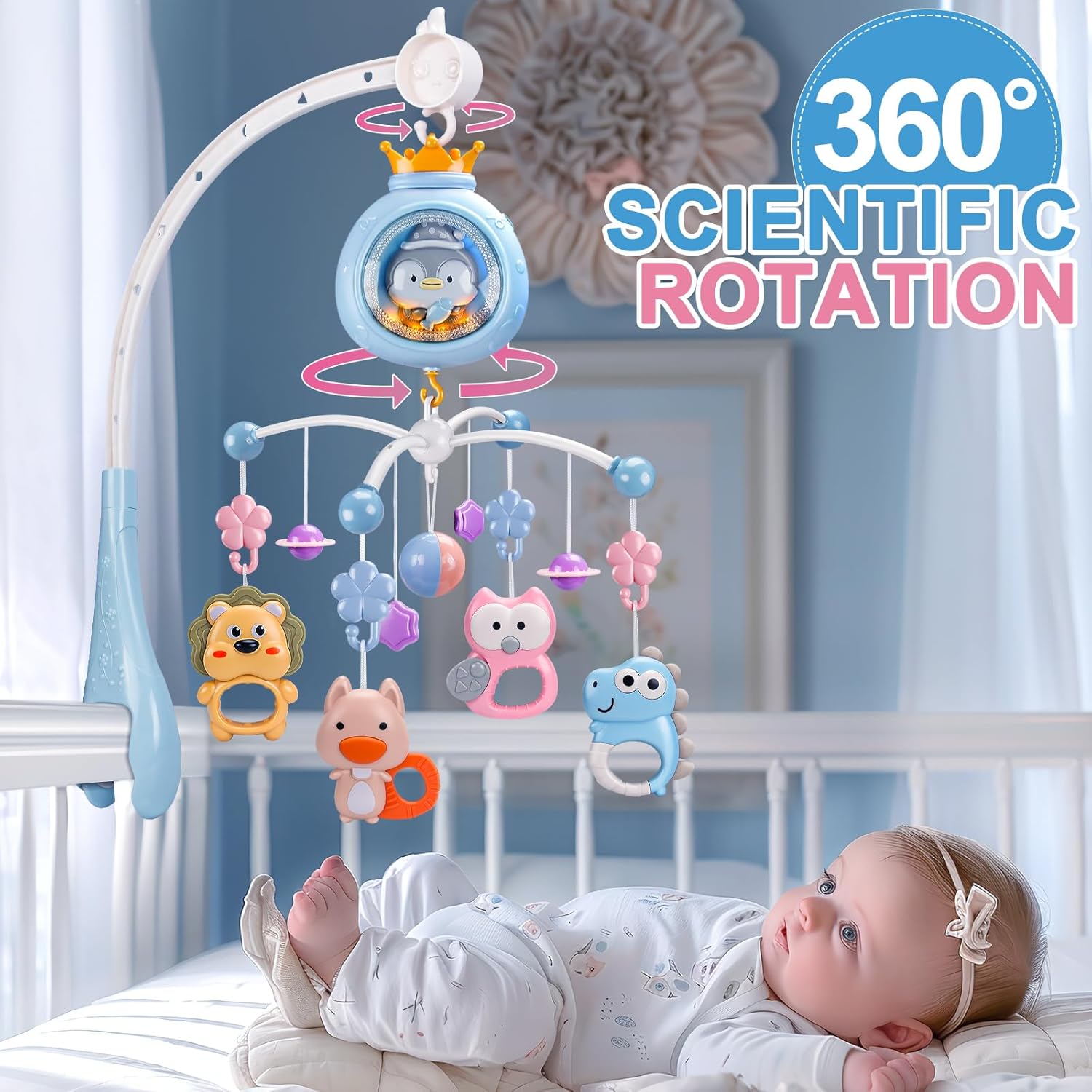 Baby Mobile for Crib, Crib Mobiles with Music and Lights, Nursery Hanging Mobile for Girls Boys Bassinets Toys, Musical Mobile Arm for Pack and Play, Space Portable Animal Mobile Clip On - Image 3