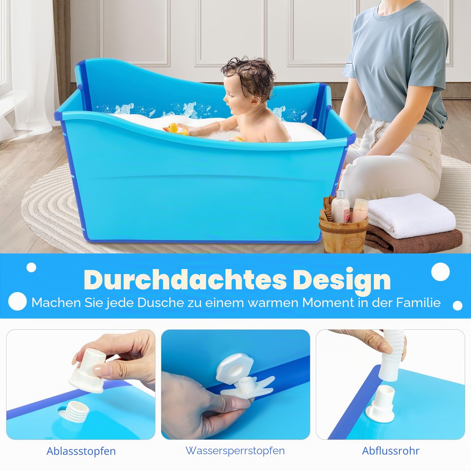 Faltbare Badewanne, Freistehend Badewanne für Baby Erwachsene, Spa-Badewanne Erwachsene Bad Wanne, Klappbadewanne für Dusche, Kleines Badezimmer, 87x46x56.5cm, Blau