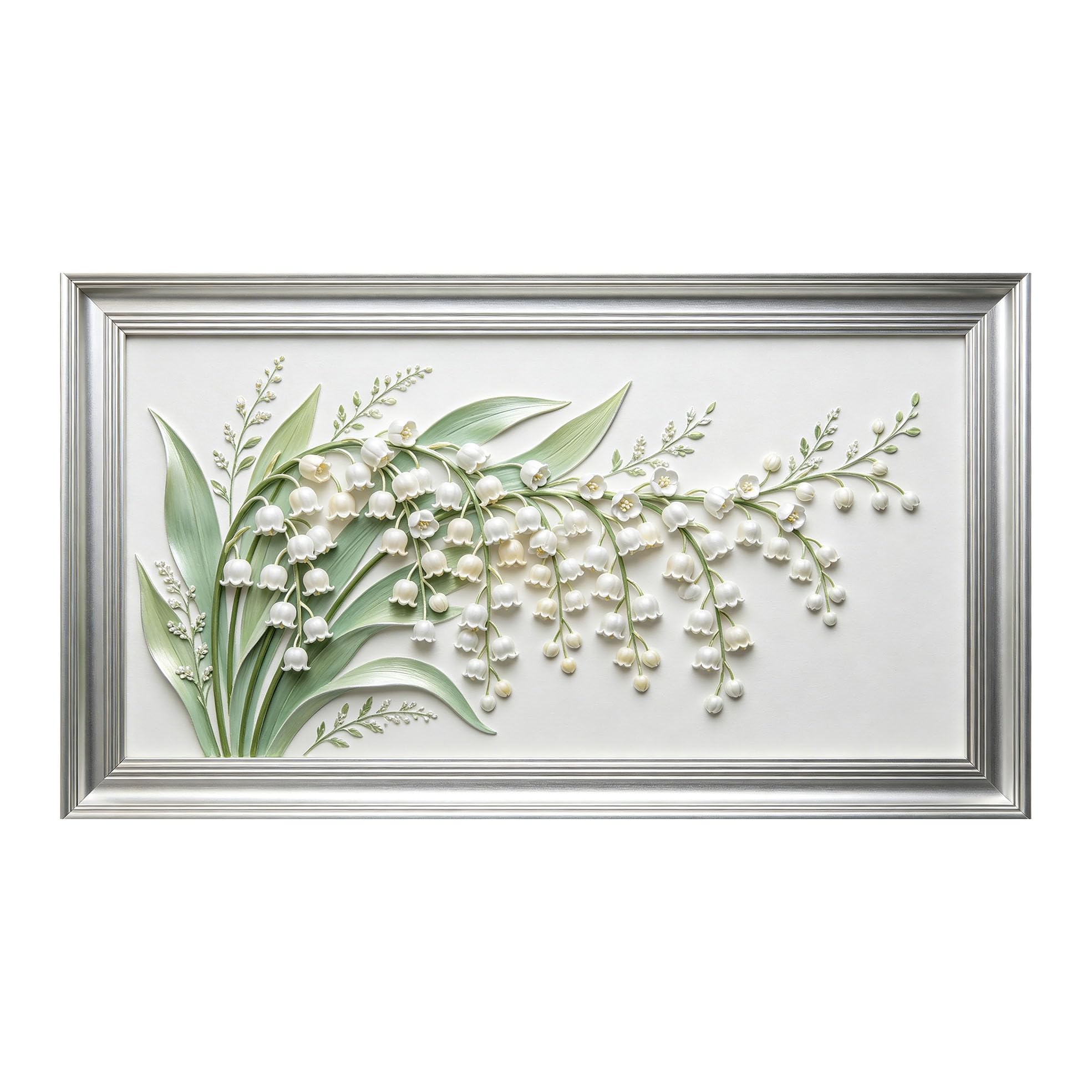 Murasolite 3D Framed Wall Art Lily of the Valley Floral Botanical Relief Modern Minimalist SelfAdhesive Fabric Mural Wall Decor,No Damage to Wall,AntiFall Safe Design for Bedroom Living Room