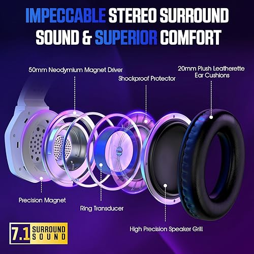 Vista 4 de Auriculares para juegos para PS5, PS4, Xbox Series X S, Xbox One, PC, Switch, Mac - Auriculares RGB sobre la oreja con sonido envolvente 7.1