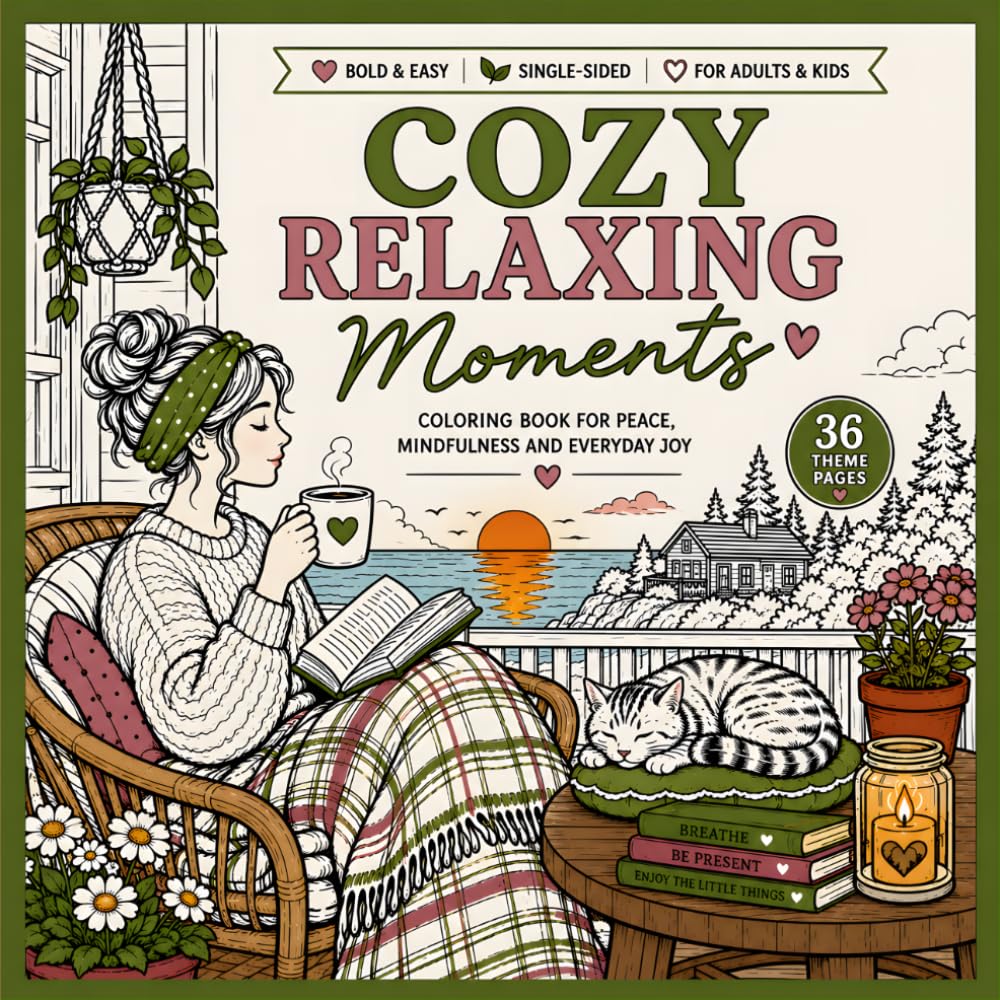 COZY RELAXING MOMENTS: A BOLD AND EASY COLORING BOOK FOR PEACE, MINDFULNESS, STRESS RELIEF AND EVERYDAY JOY