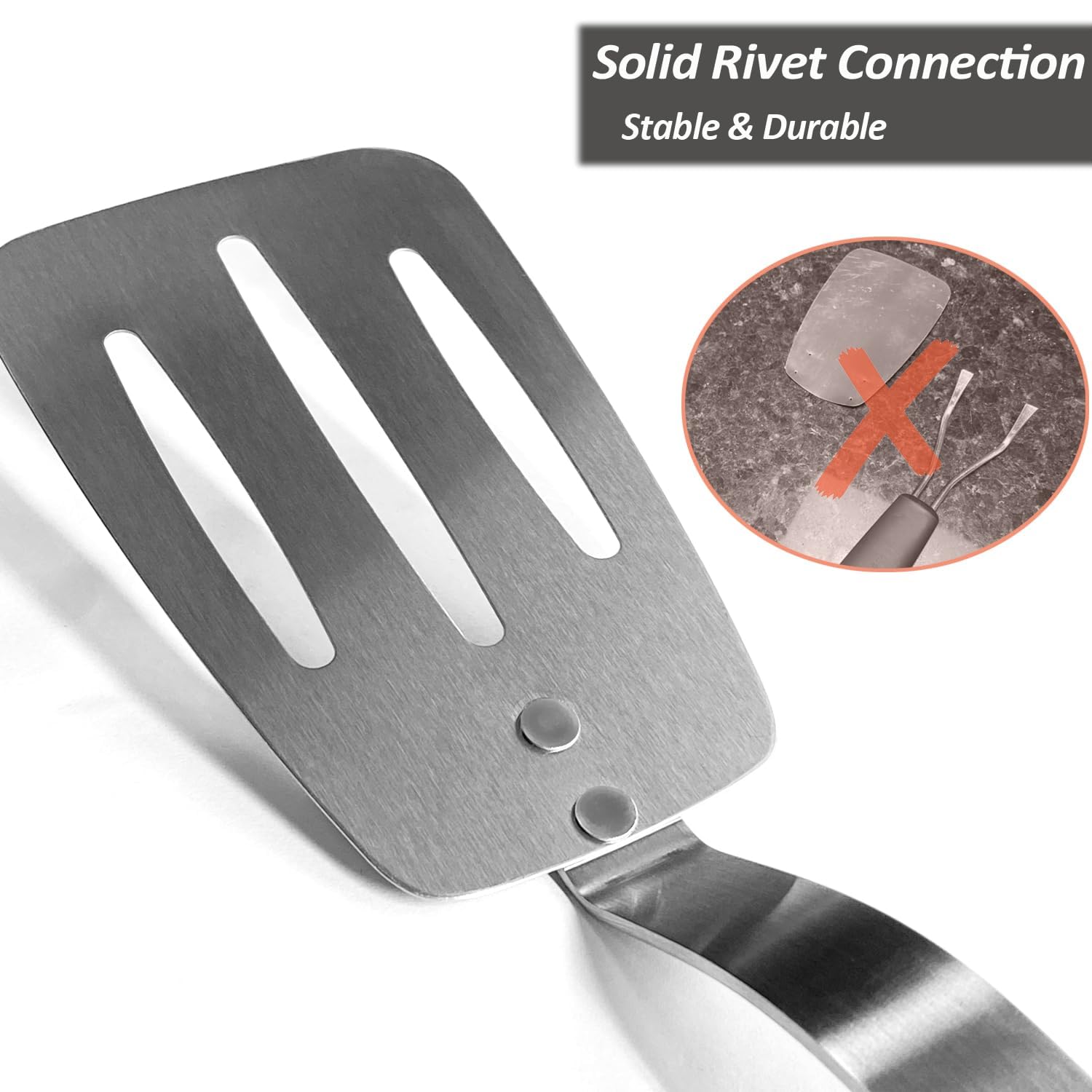 Edelstahlspatel, flexibler Metall-Pfannenwender mit Schlitzen für Gusseisen-Bratpfanne, dünne Klinge und hitzebeständiger Silikongriff, ideal für Eier, Kekse, Fleisch, Crep, groß