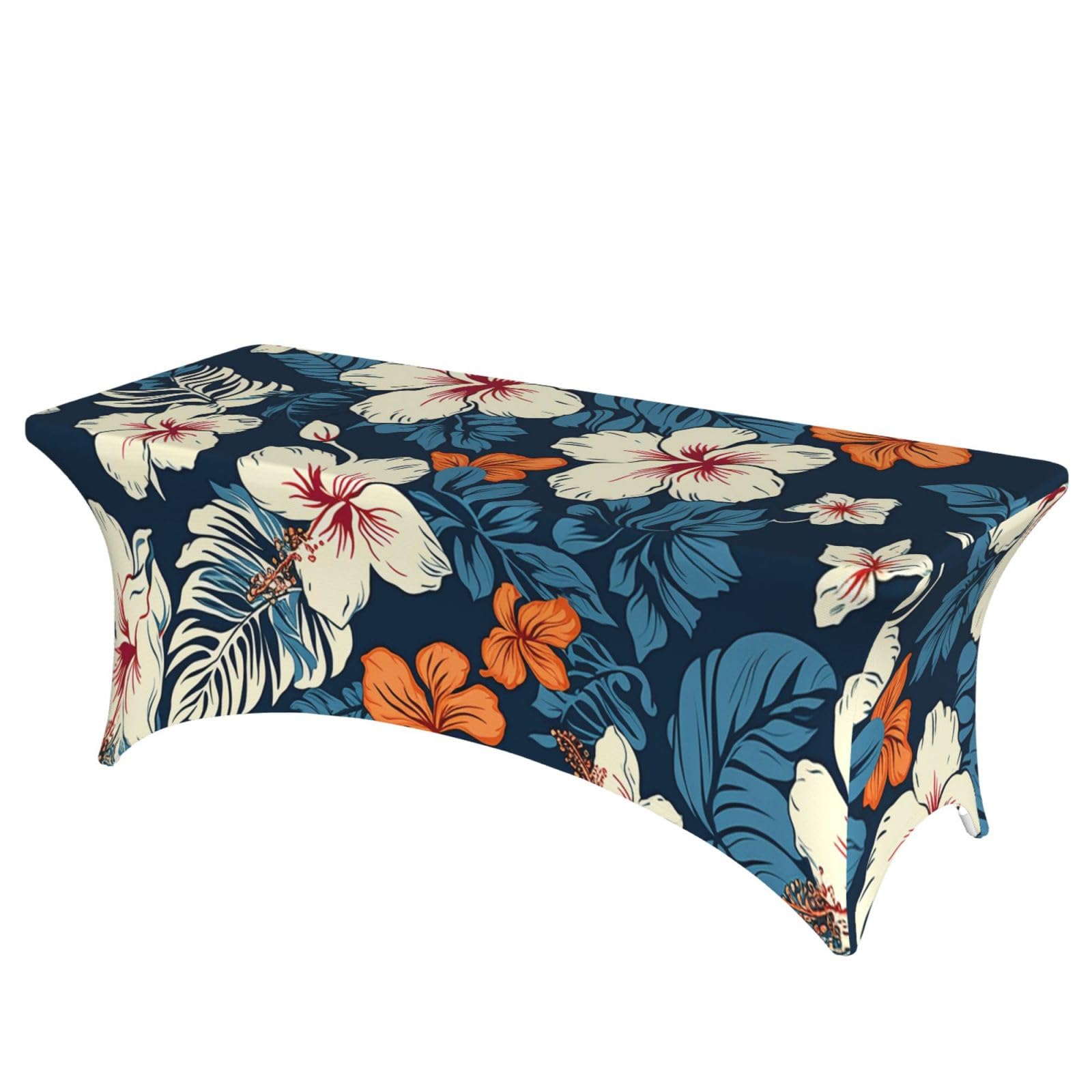Fodpand Black 6Ft Spandex Table Cloth For Rectangle Tables - Hawaii Flower Tablecloth Protector, Washable And Wrinkle Resistant Stretch Patio Table Cover For Event, Wedding, Banquet & Parties