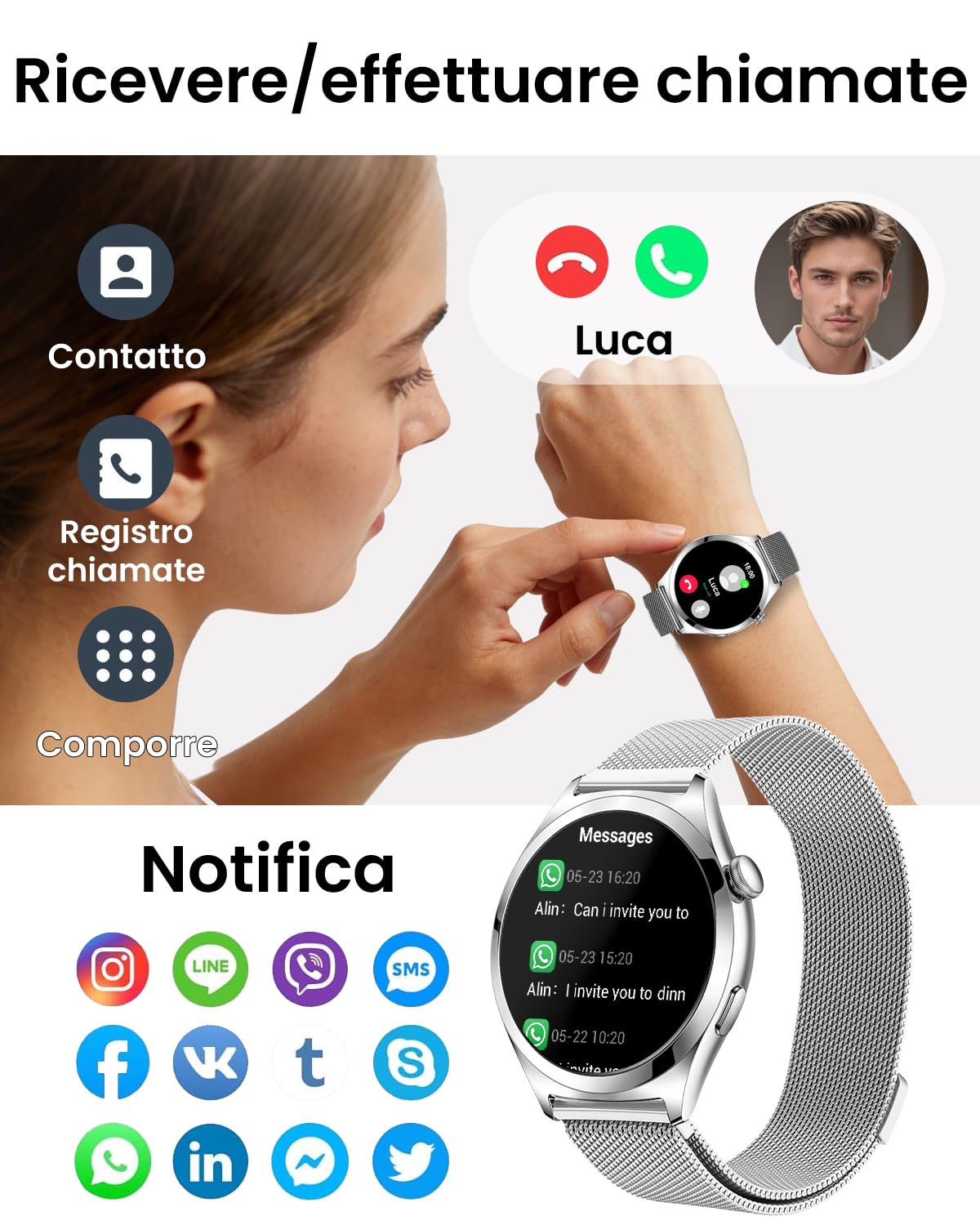 Smartwatch Donna Rotondo con Chiamate, Display Curvo HD da 1,27", Monitor Frequenza Cardiaca SpO2 Sonno, 120+ Modalità Sport, Impermeabile IP68, Smart Watch Donna per Android iOS (Argento)