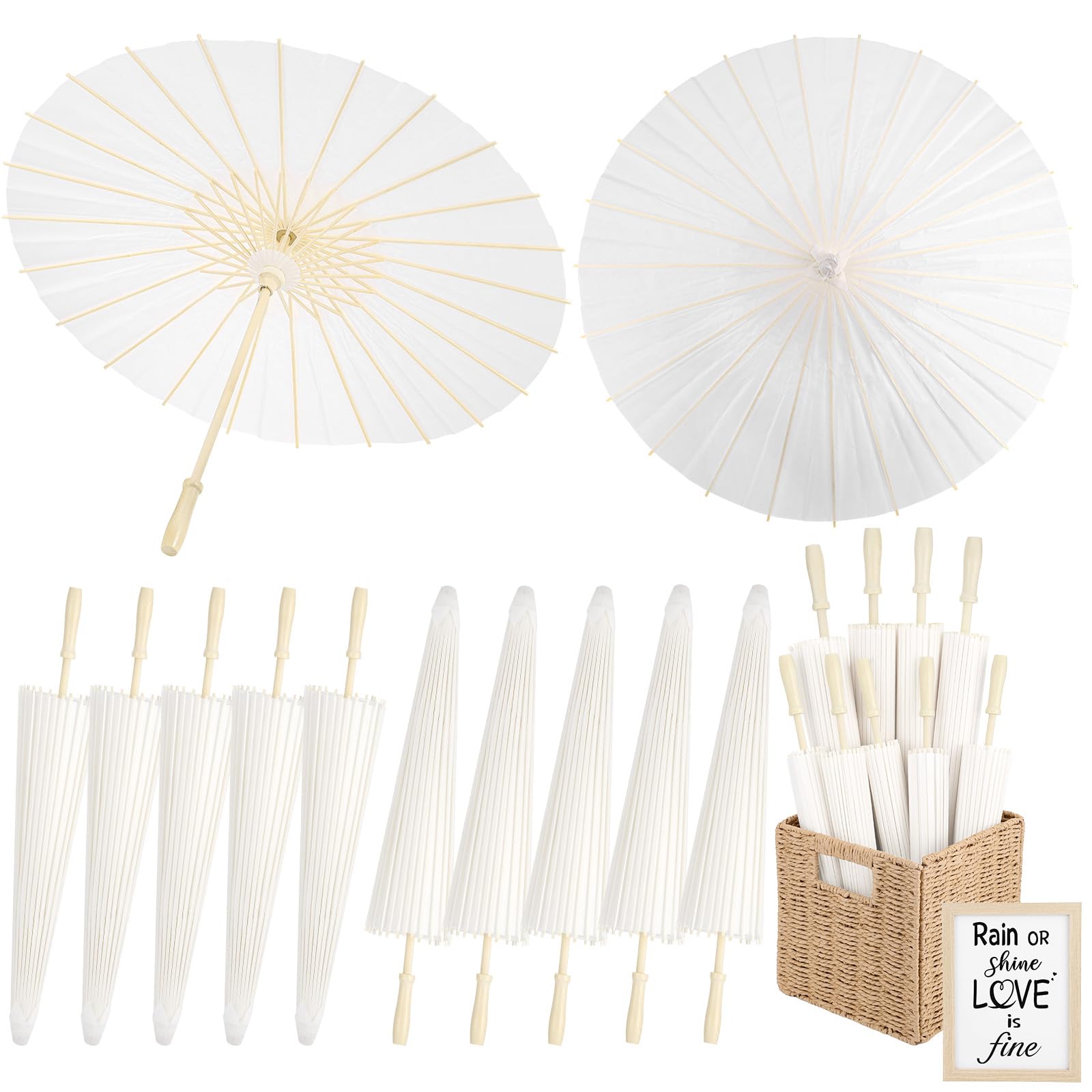 Photo 1 of 12 Pack Paper Umbrellas for Weddings 33.1 Inch White Paper Parasols for Guests with Woven Storage Basket and Photo Frame for Wedding Anniversary Parties Bridal Showers Party