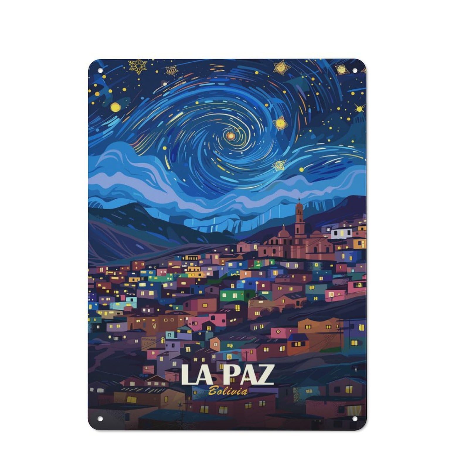 Junmoney Style-6 La Paz, Bolivia, Starry Night Illustration Retro Metal Wall Decor 40X30cm, Tin Wall Sign For Coffee Bar, Small Shop Or Dining Room