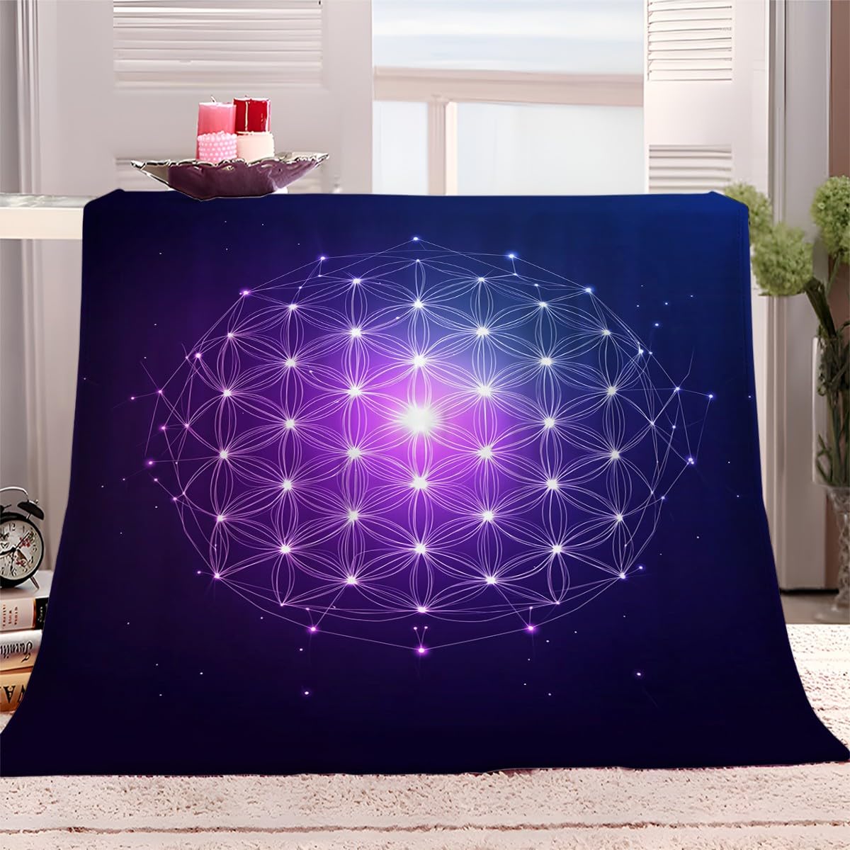 Kuscheldecke Flauschig Decke 150x200 cm Weich Warme Flanell Fleecedecke Dacke für Sofa Blume des Lebens Lila, Bettüberwurf Couchdecke Sofadecke Wohndecke Tagesdecke