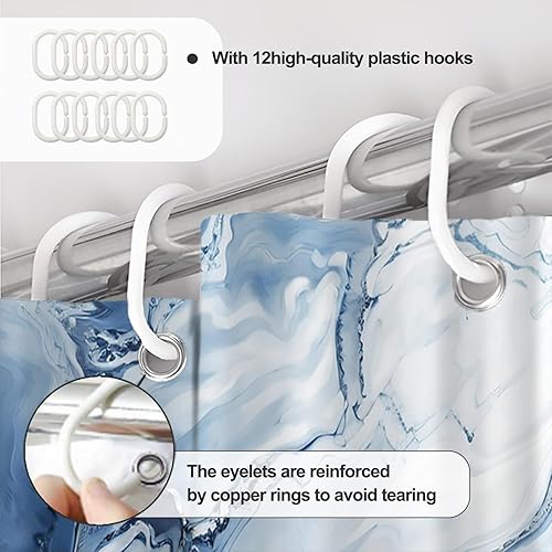 Miniatura 6 de Cortina de ducha de mármol azul claro, cortina de ducha de tela impermeable con ganchos, decoración de baño, 72 x 72 pulgadas