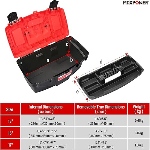 Miniatura 10 de MAXPOWER Caja de herramientas de 15 pulgadas, cajas de herramientas de plástico con bandeja extraíble y doble bloqueo asegurado para el hogar