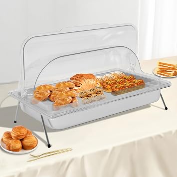 Roll Top Ice Food Serving Display Tray 3.17Qt Food Dishes Display Plate Case with Support Leg Modern Buffet Cold Serving Cooler Platter Serving Tray for Restaurant Hotel Kitchen Party, Silver & Clear