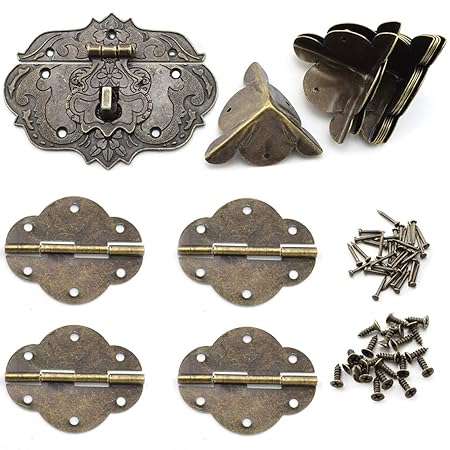 SDTC Tech Antique Latch Hasp Hinges and Corner Protectors Kit for DIY Jewelry Box Cabinet Suitcase Toolbox etc.