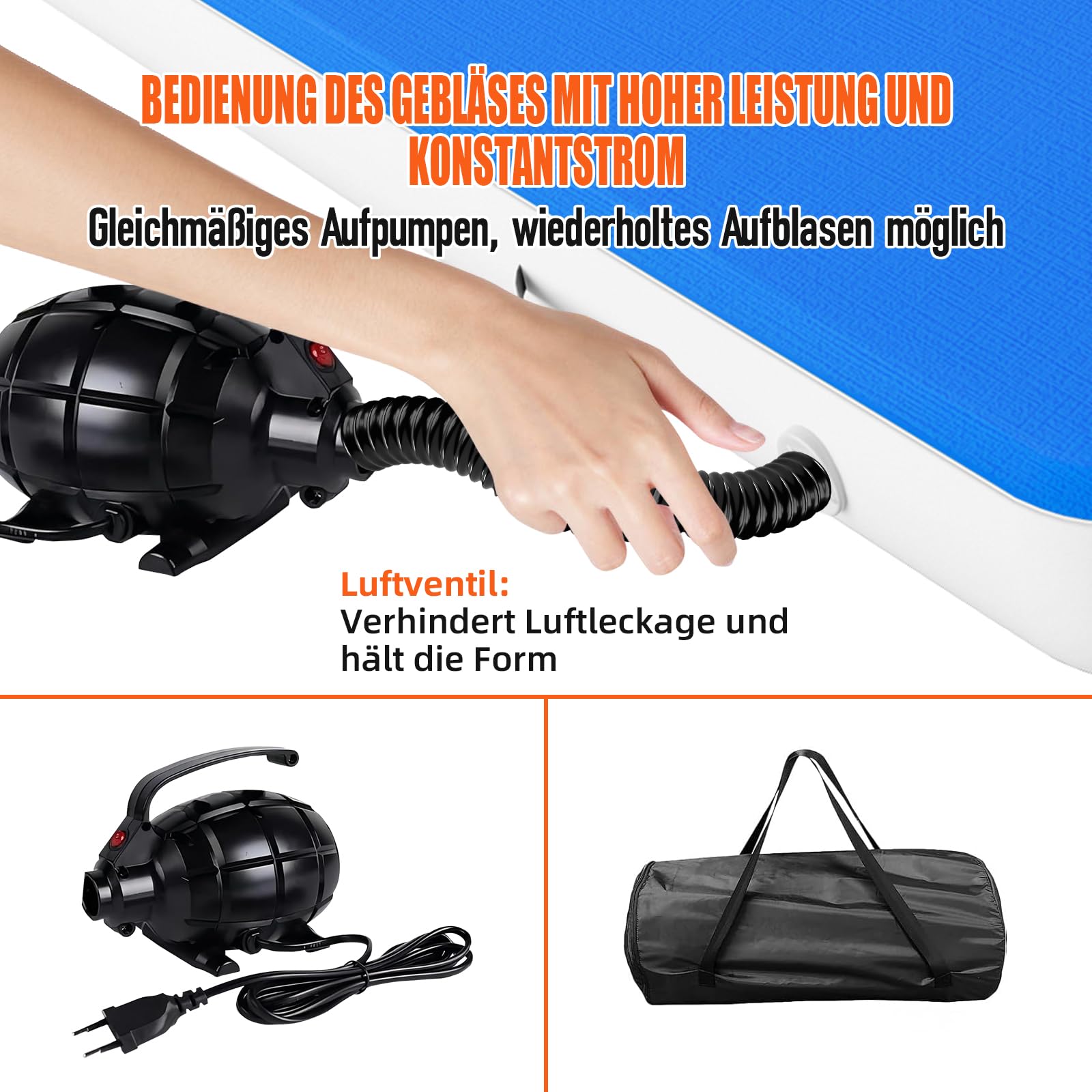 4 x 2 M Aufblasbare Air Tumbling Matte - 20 cm Hohe AirTrack mit Luftpumpe & Tragetasche, extra breit & groß für Fitness/Yoga/Tumbling/Outdoor/Heimtraining