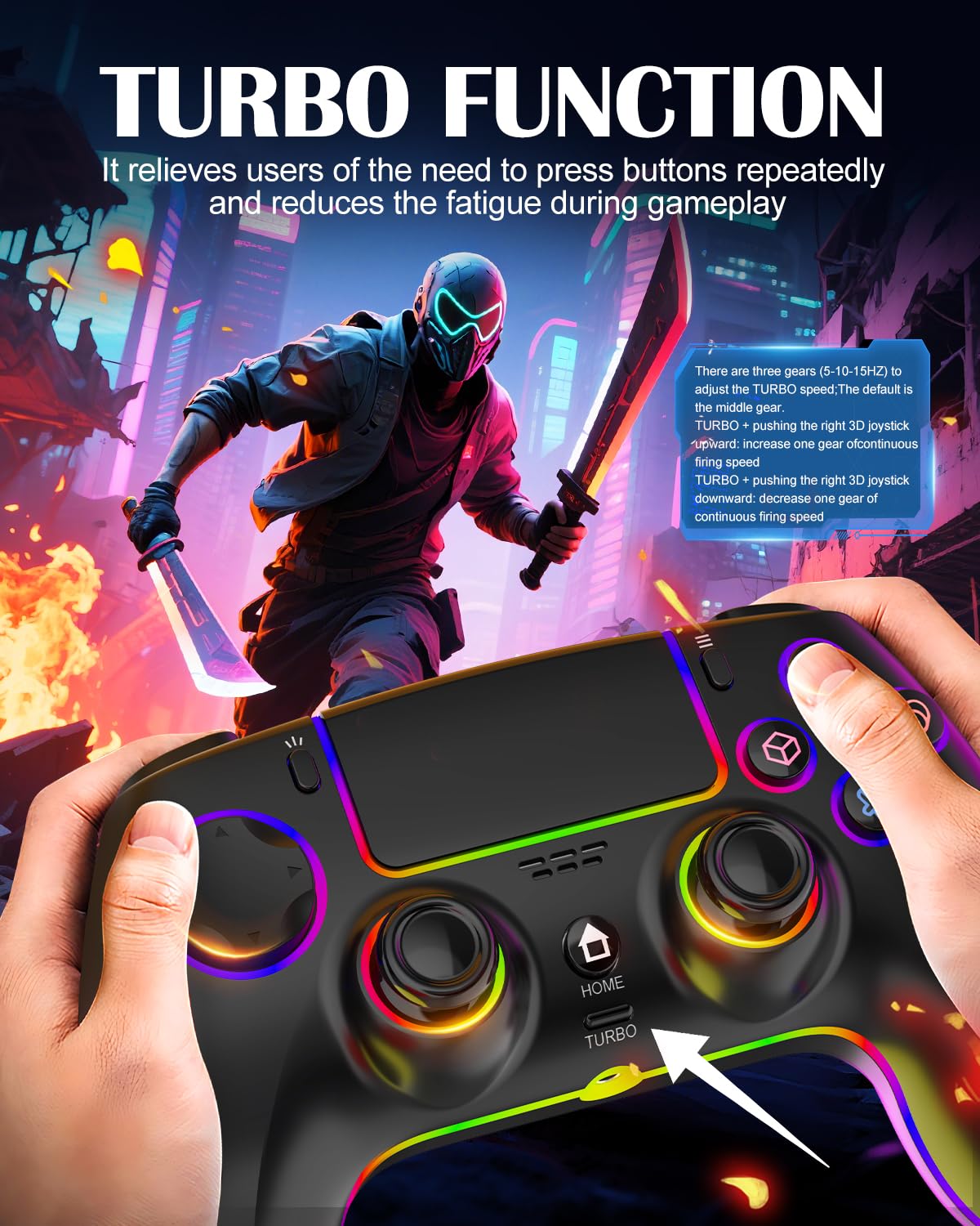 MYSTILUCK Controller Wireless per PS4/PS3/Pro/PC/MAC/iOS/Android/Steam Deck, Controllore con illuminazione RGB 7 Colori/Joystick Effect Hall/Doppia Vibrazione/Turbo/Jack Cuffie/Batteria 1500 mAh