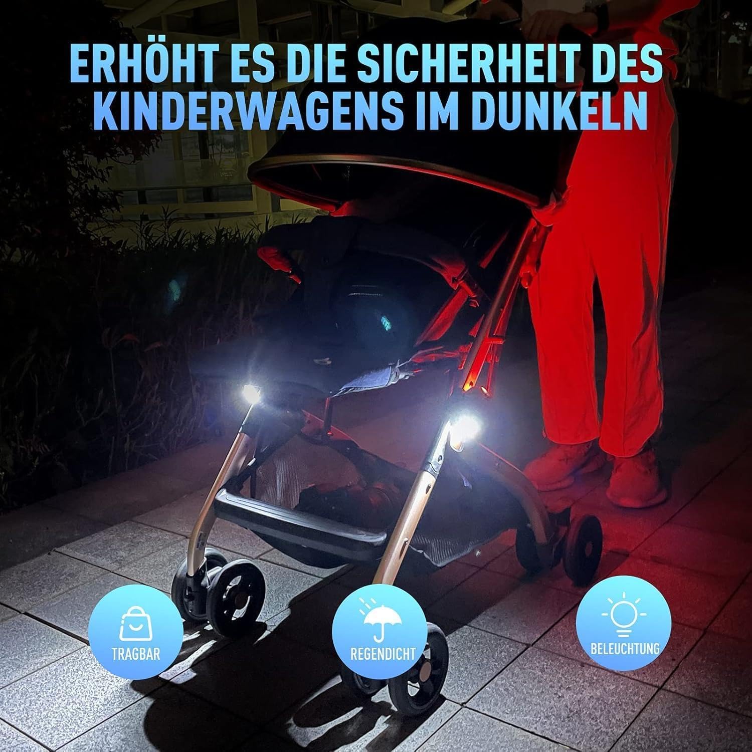 Kinderwagen Licht Aufladbar, Kinderwagenlicht(2 Stück), Kompakt und Wasserdicht, USB Wiederaufladbares Lichts, Passend für Alle Kinderwagen(Schwarz)