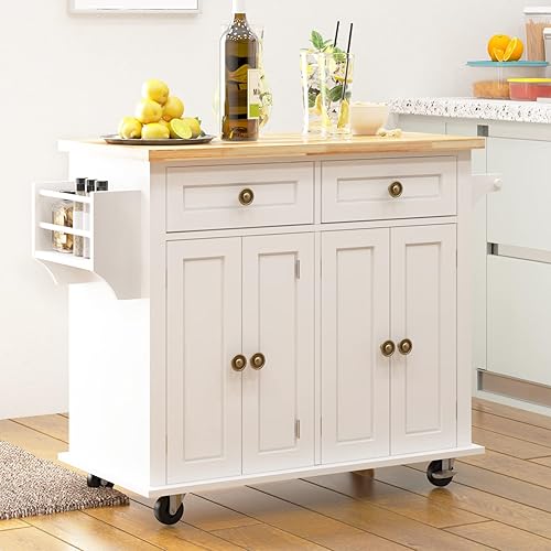 SogesPower Kitchen Cart with Drop-Leaf Rubber Wood Tabletop, Rolling Kitchen Island Cart with Storage on Lockable Wheels, Towel Rack, Spice Rack &